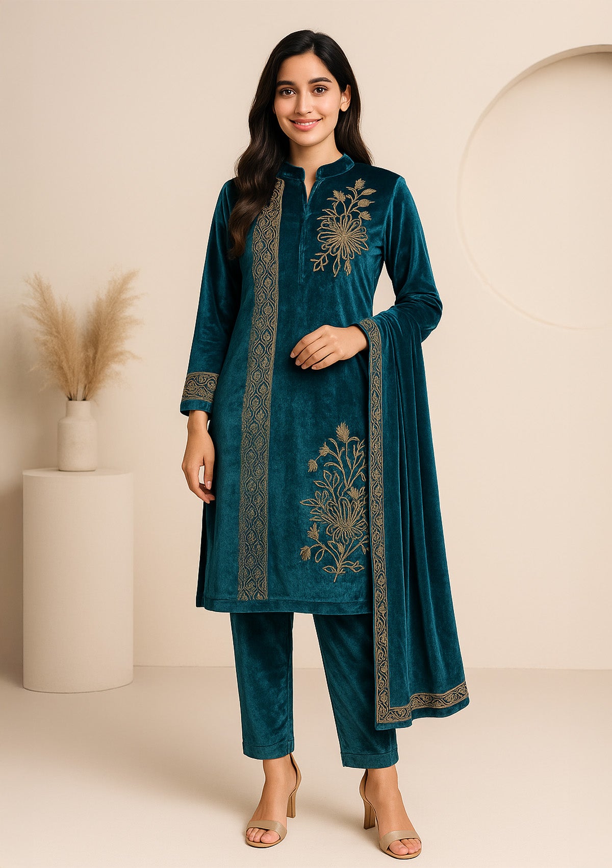 Teal Green Velvet Embroidered Pakistani Suit Set with Dupatta