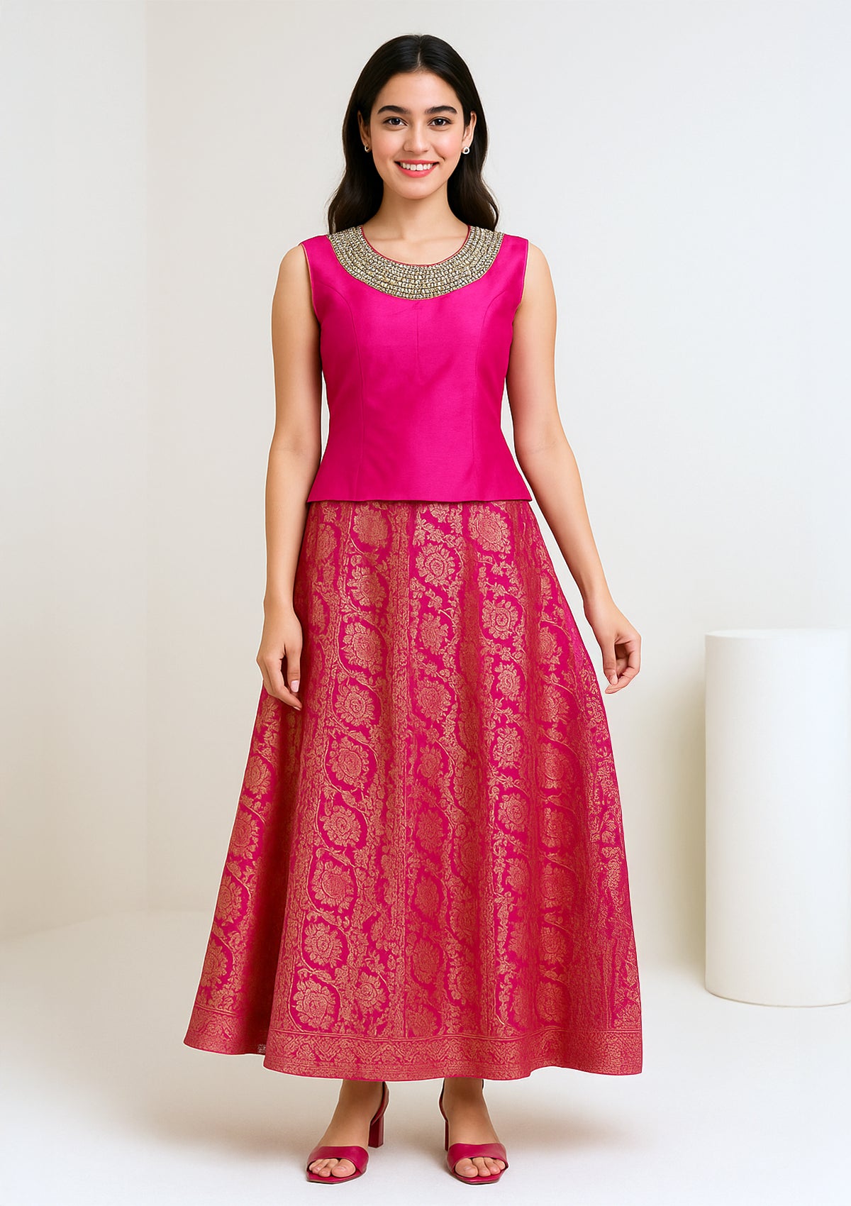 Designer Short Top Paired with Banarasi Brocade Skirt