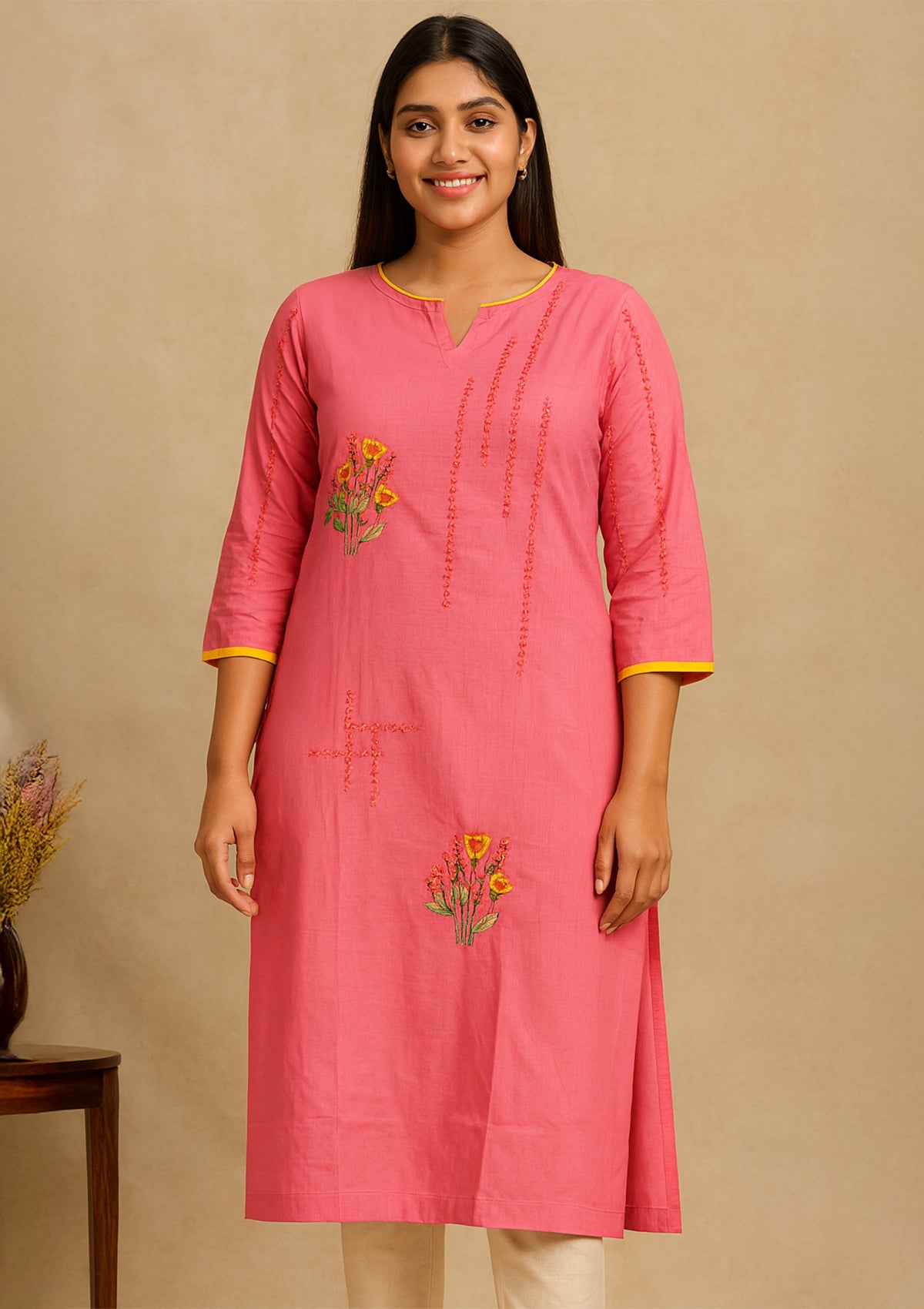 Pink Cotton Kurti with Hand Embroidery & Floral Motifs