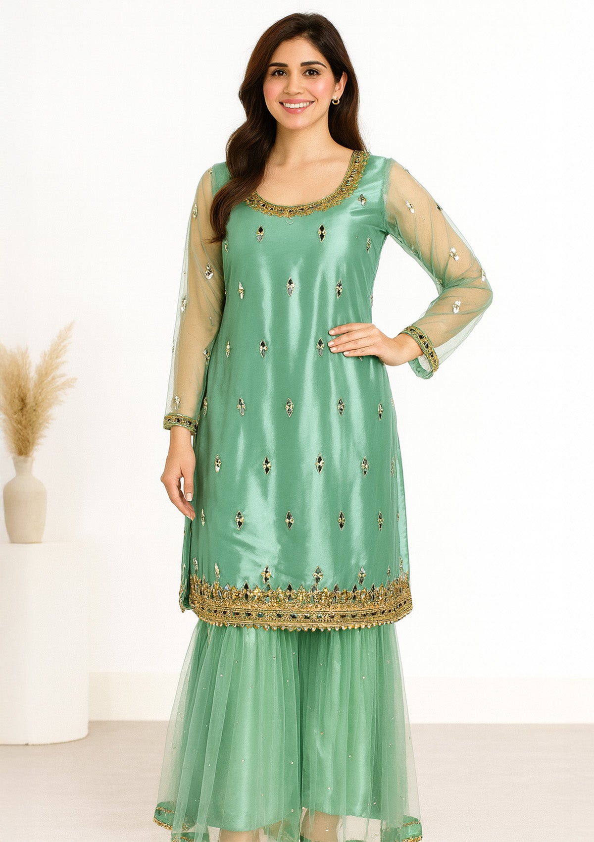 Elegant Green Sharara Suit – Net on Silk with Heavy Embroidery