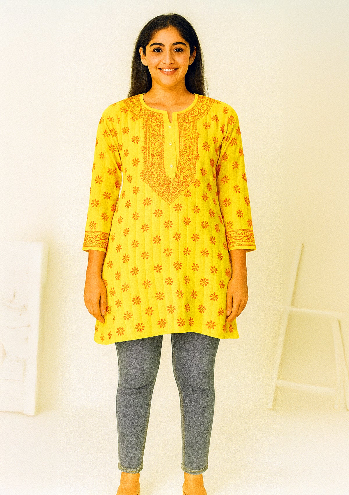 ClothingSutra Lemon Yellow Georgette Net Embroidered Kurti – Sequin Work 44