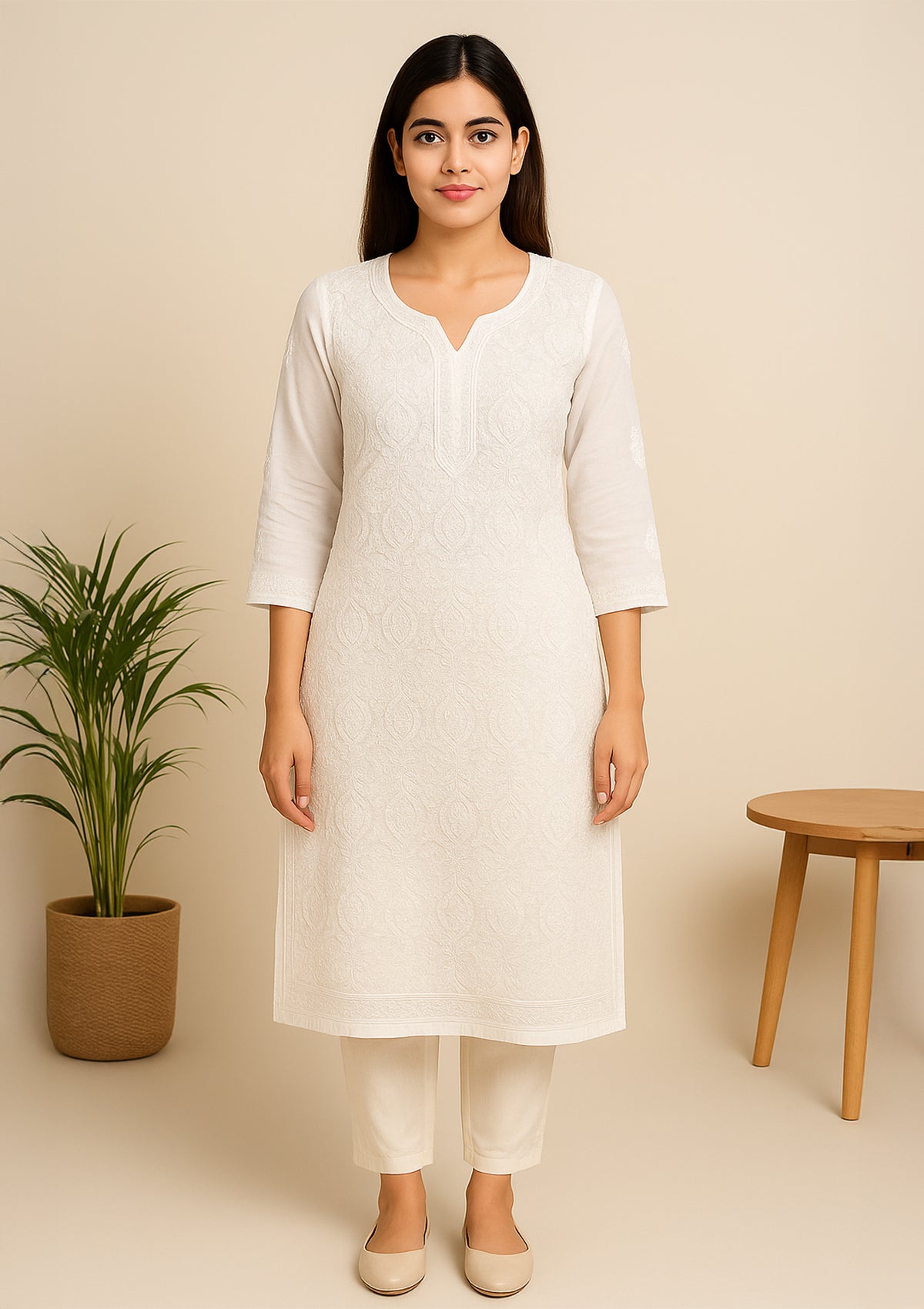 Elegant White Cotton Chikankari Kurti - Size 38