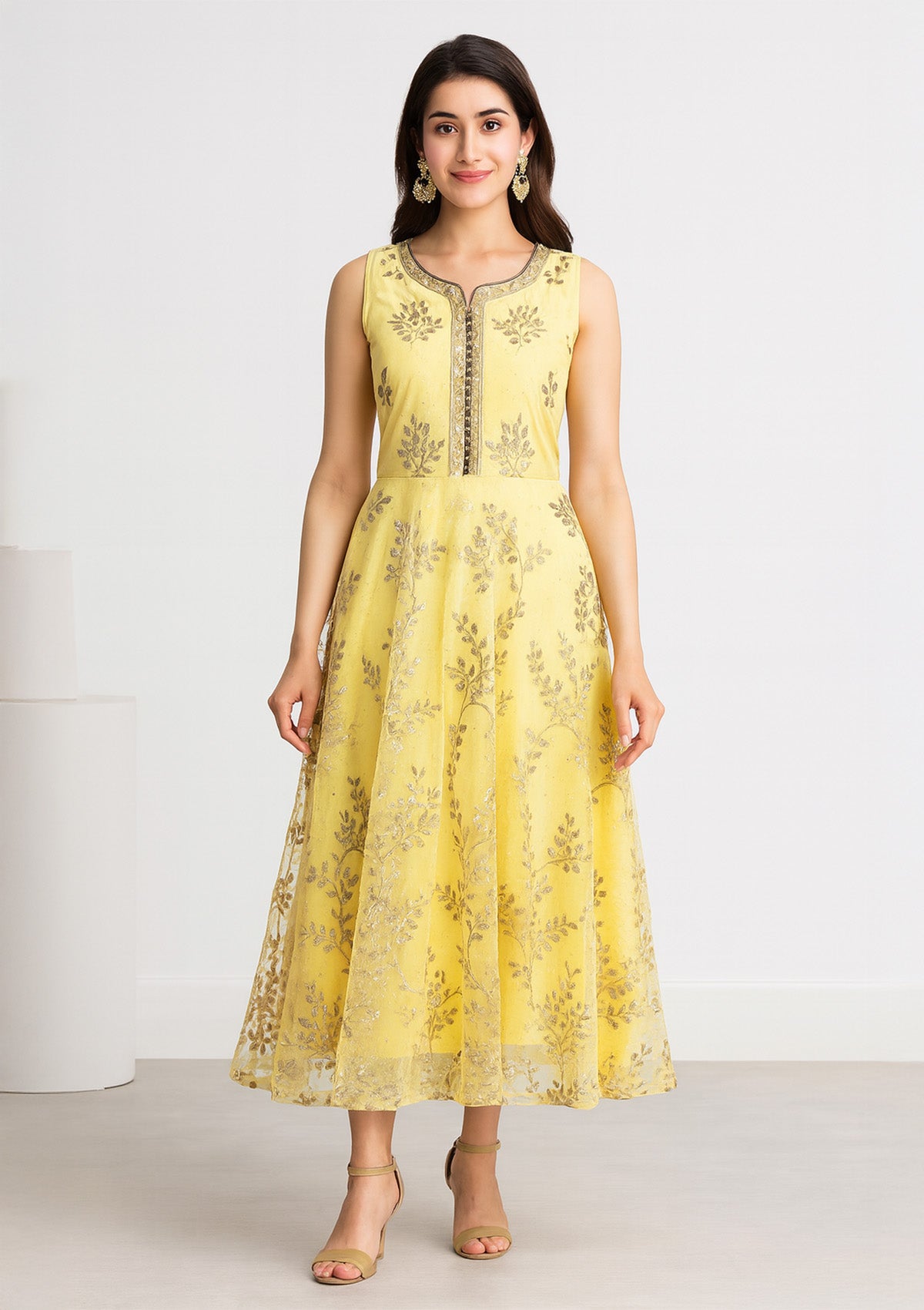 Elegant Pastel Yellow Silk Embroidered Anarkali Gown