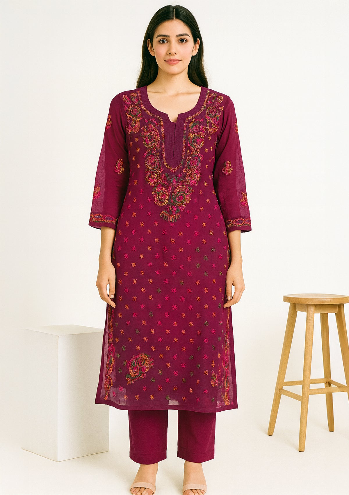 ClothingSutra Maroon Georgette Kurti with Multicolor Chikankari Embroidery 40