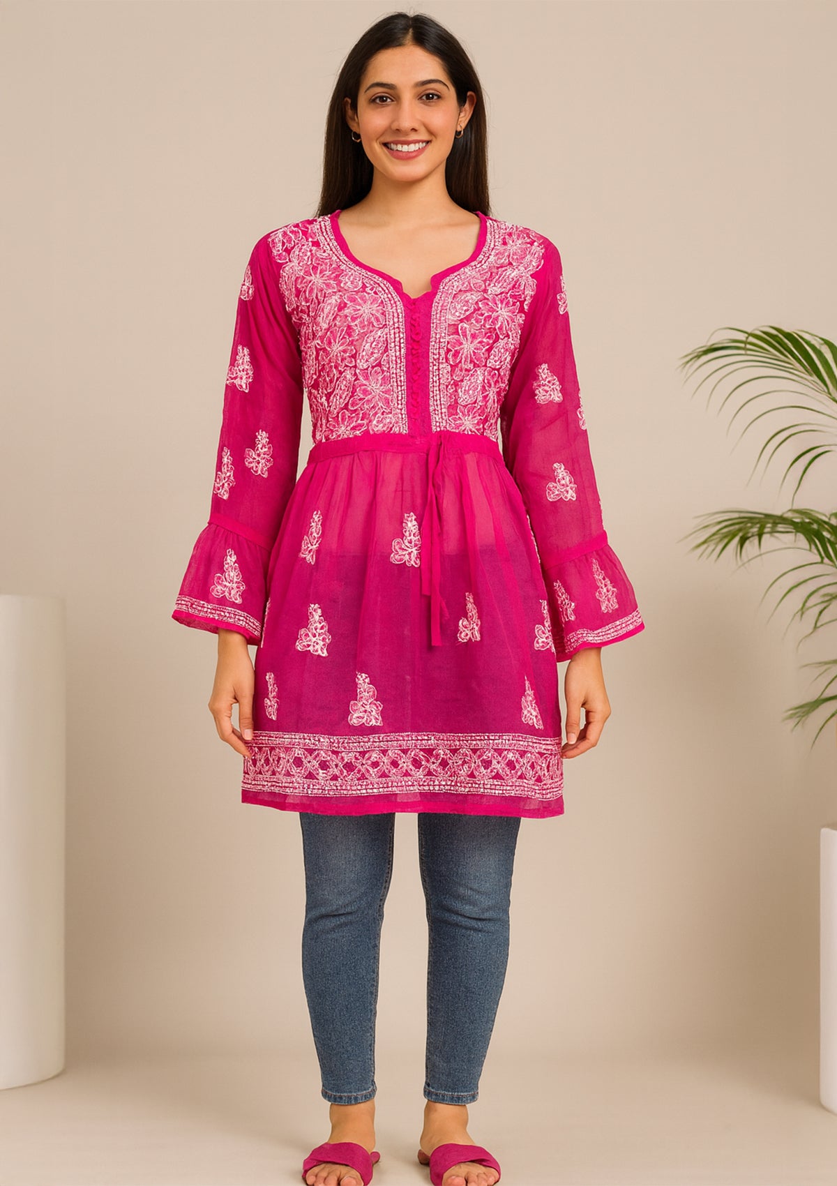 ClothingSutra Magenta Pink Net Embroidered Frock-Style Kurti – Short Length 42