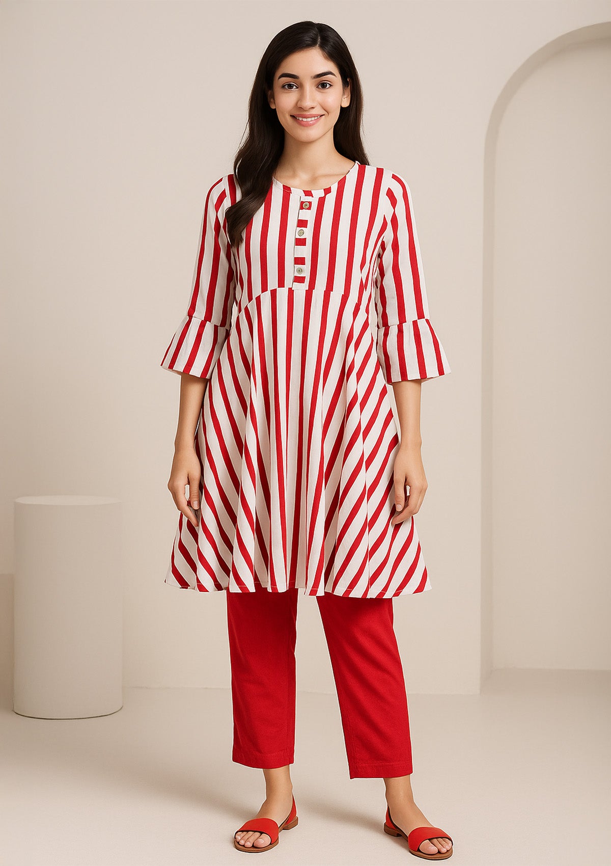 Bold Red and White Stripe Rayon Flared Kurti with Front Button Detailing