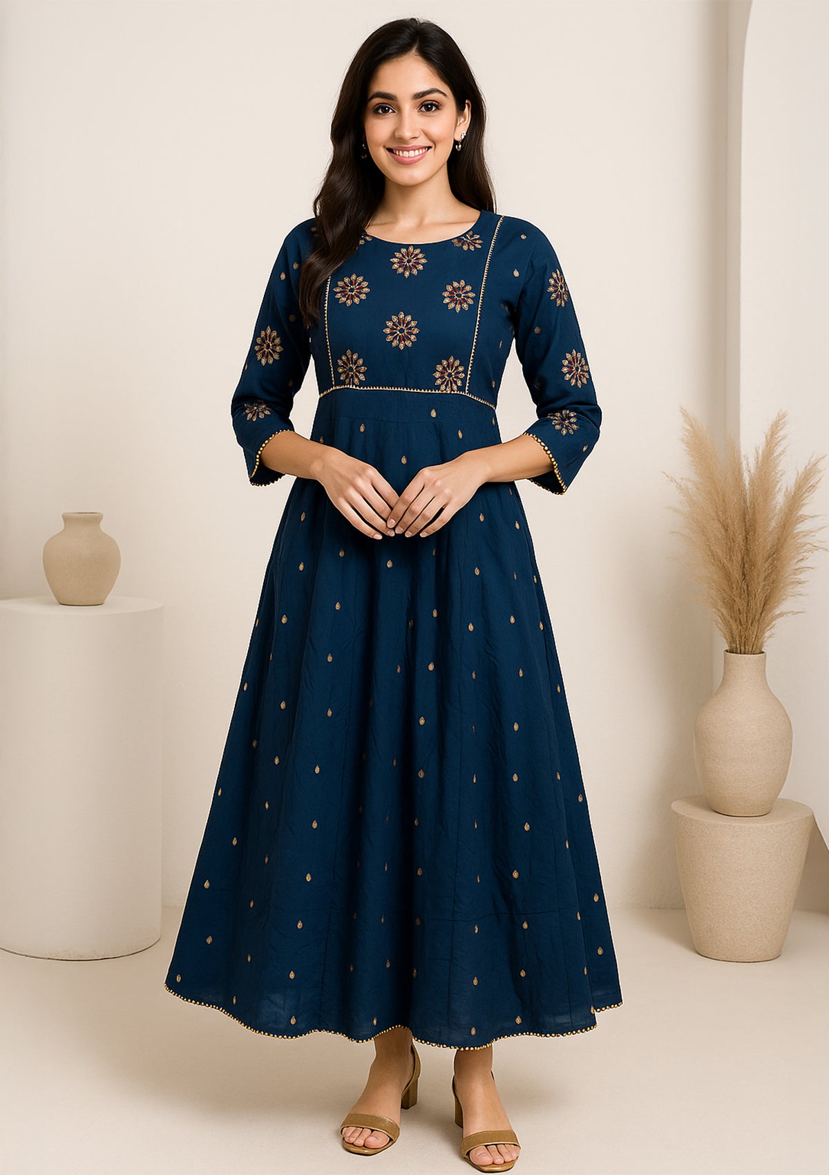 Navy Blue Rayon Gown with Floral Embroidery – Party & Festive Wear