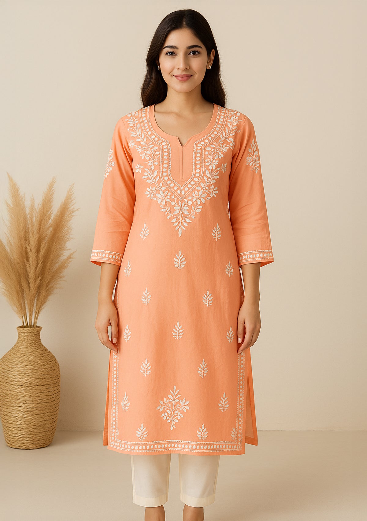 Chikankari Solid Women’s Long Kurta – Orange