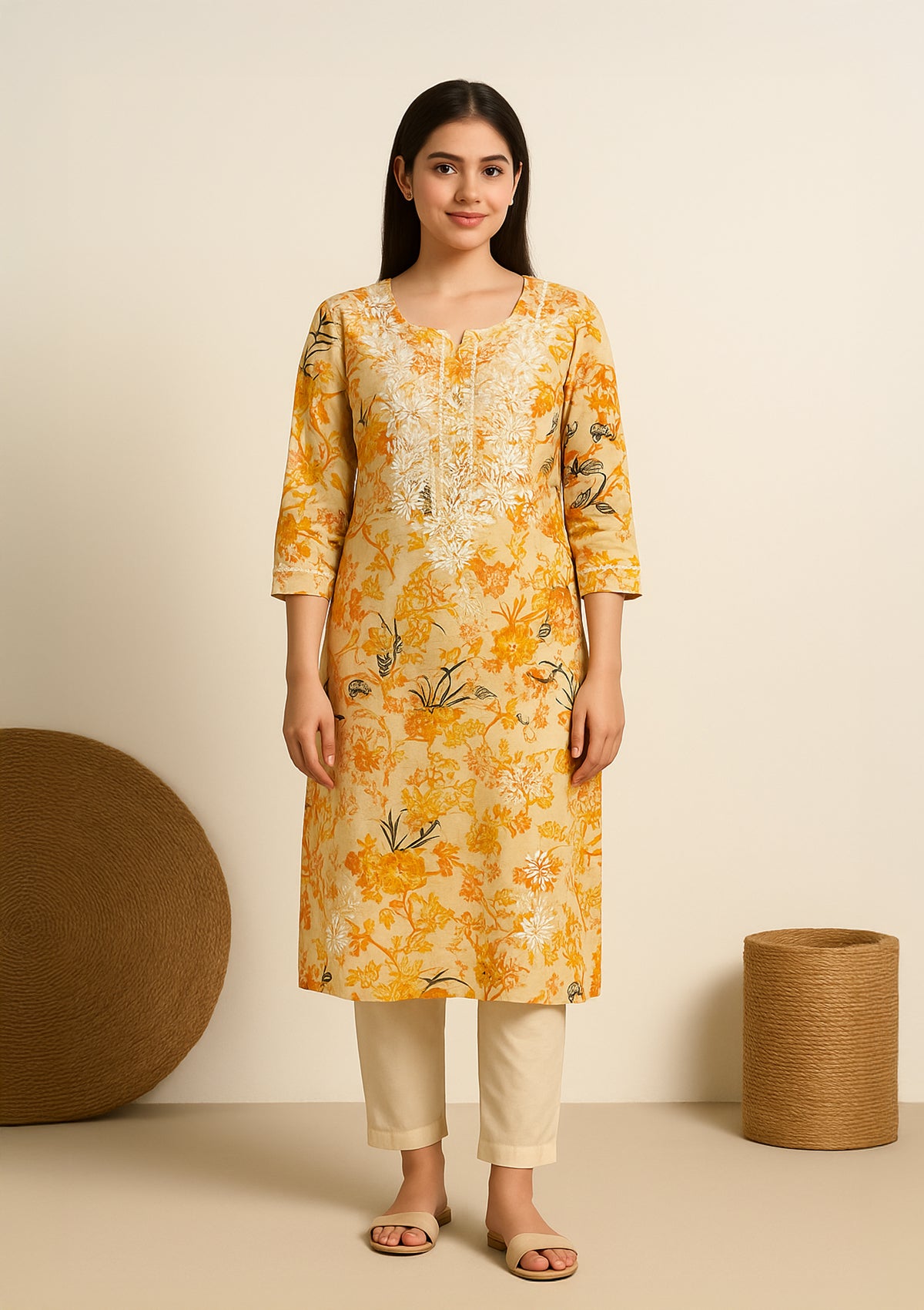 Floral Print Cotton Kurta – Pastel Yellow with White Embroidery