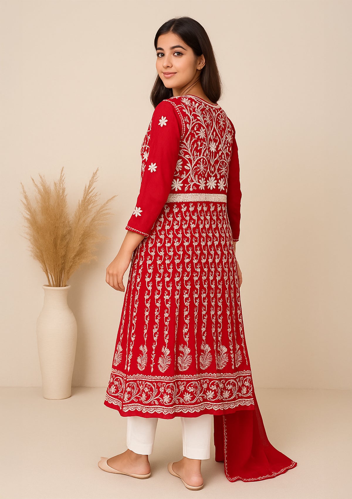 Red Georgette Kurti with Dupatta & Intricate Embroidery