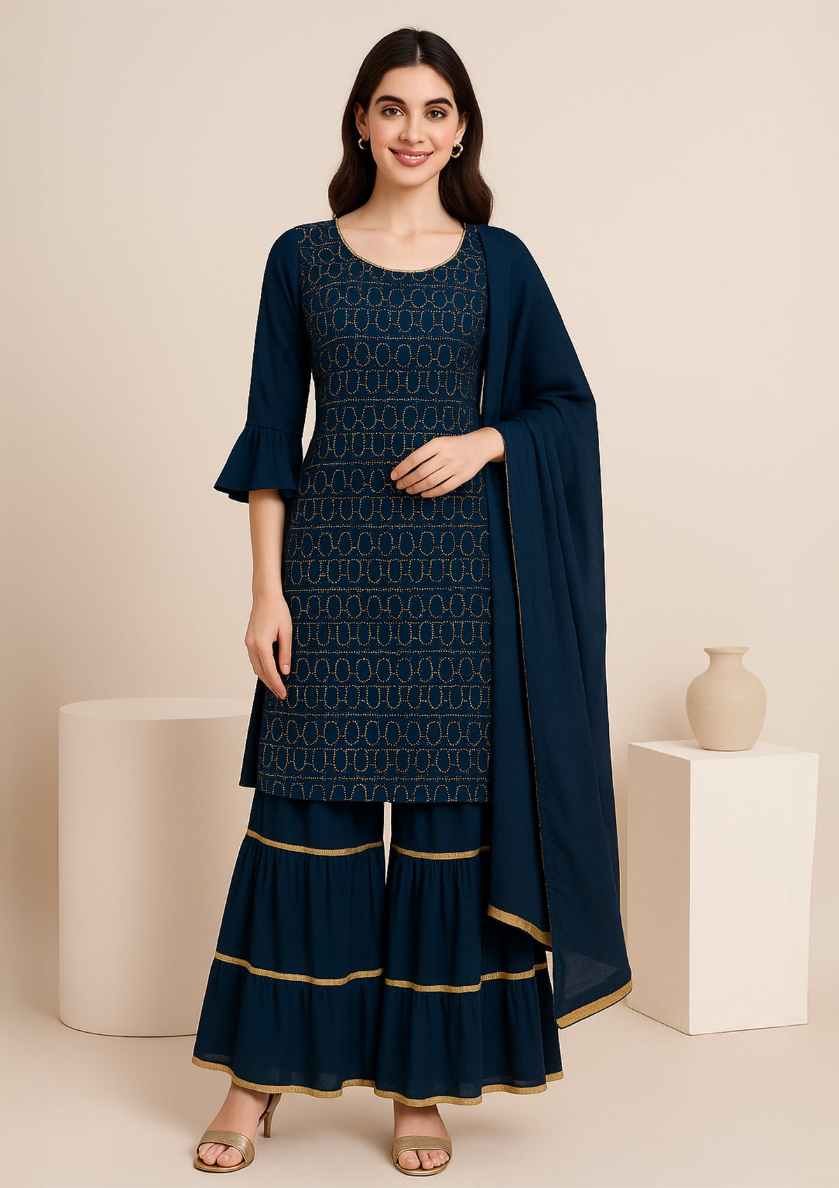 Elegant Navy Blue Georgette Sharara Suit with Sequin Work & Dupatta