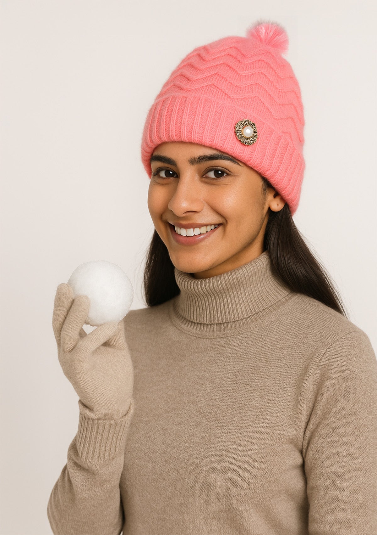 Chic Pink Woolen Fur Winter Cap – Soft Wavy Knit Beanie