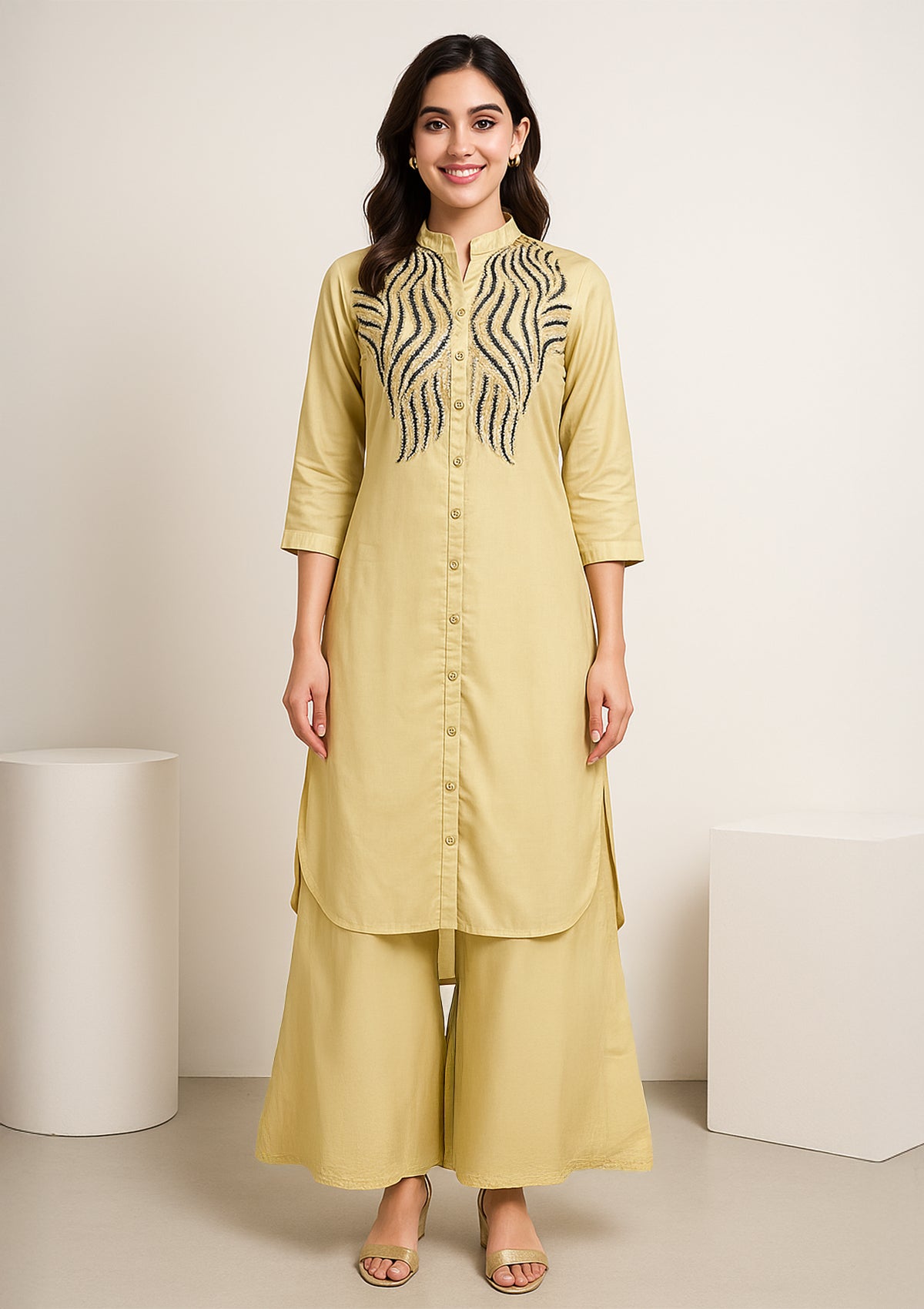 Elegant Silk Kurta Set with Sequin Embroidery – Soft Beige