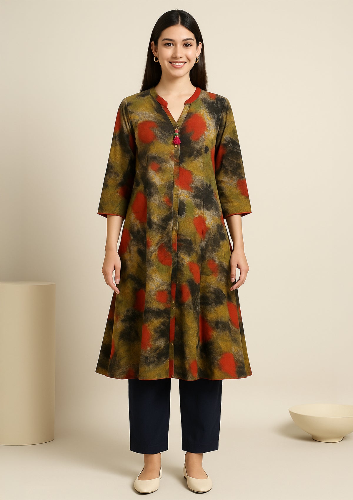 Olive Black & Rust Abstract Printed Rayon Kurti with Tassel Detail