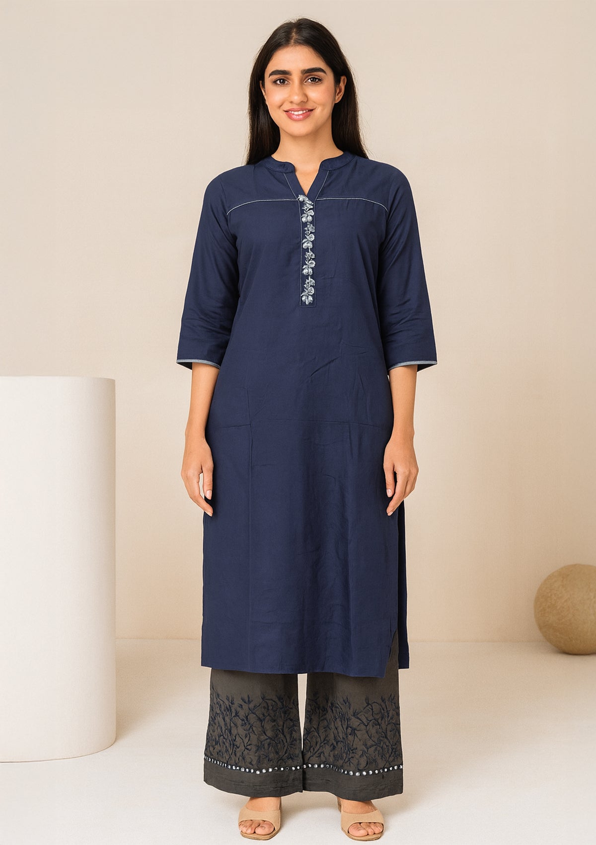 Navy Blue Rayon Kurta Set with Embroidered Neckline & Palazzo Pants