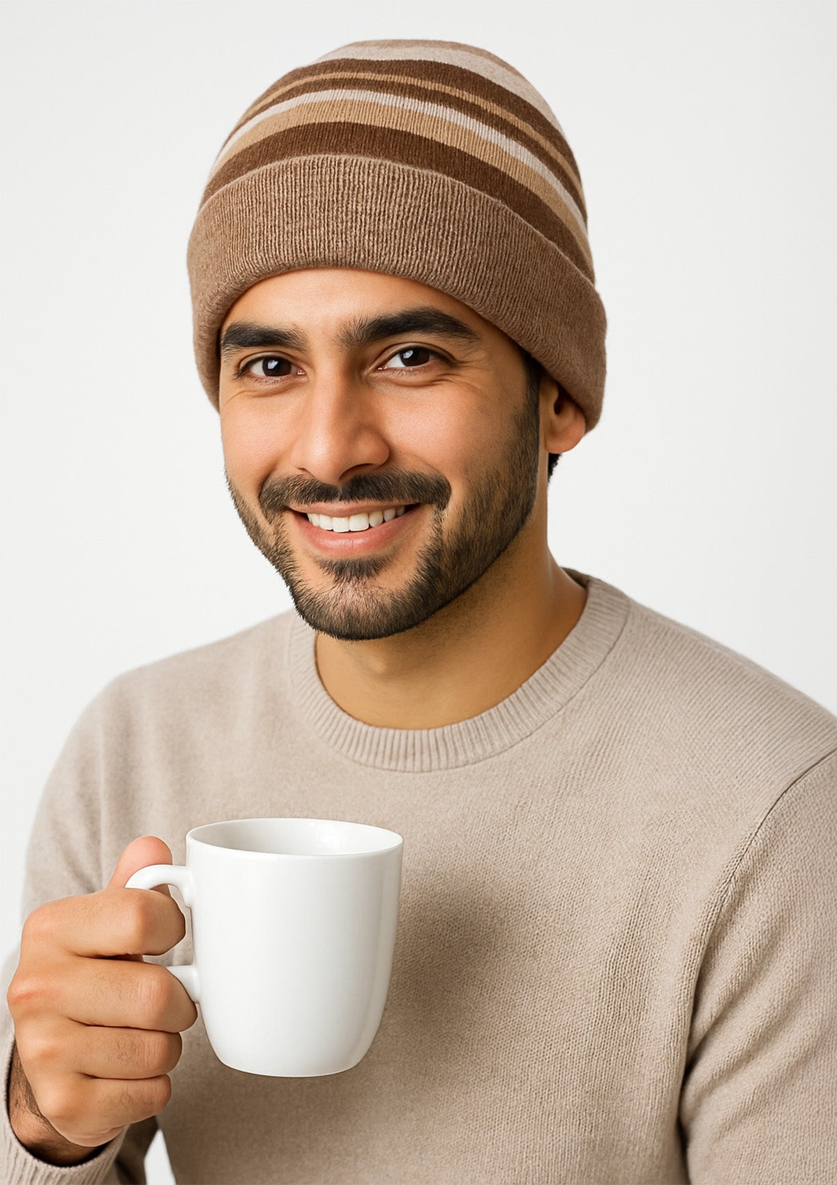 Unisex Striped Knit Beanie – Soft Brown and Coffee Warm Winter Cap