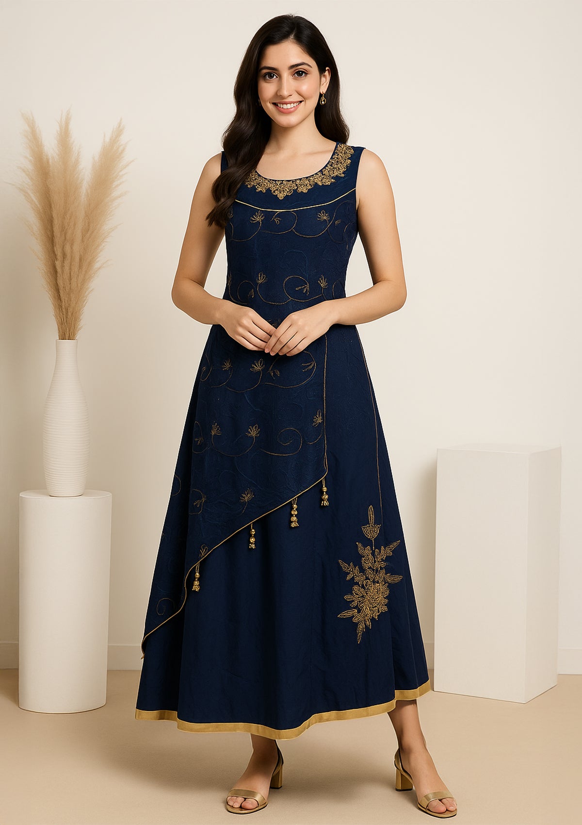 Navy Blue Cotton Gown with Golden Embroidery & Tassel Detailing