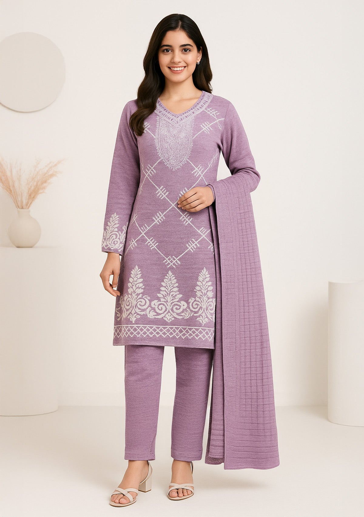 Woollen Suit in Lavender with Dupatta – Warm, Comfortable & Stylish