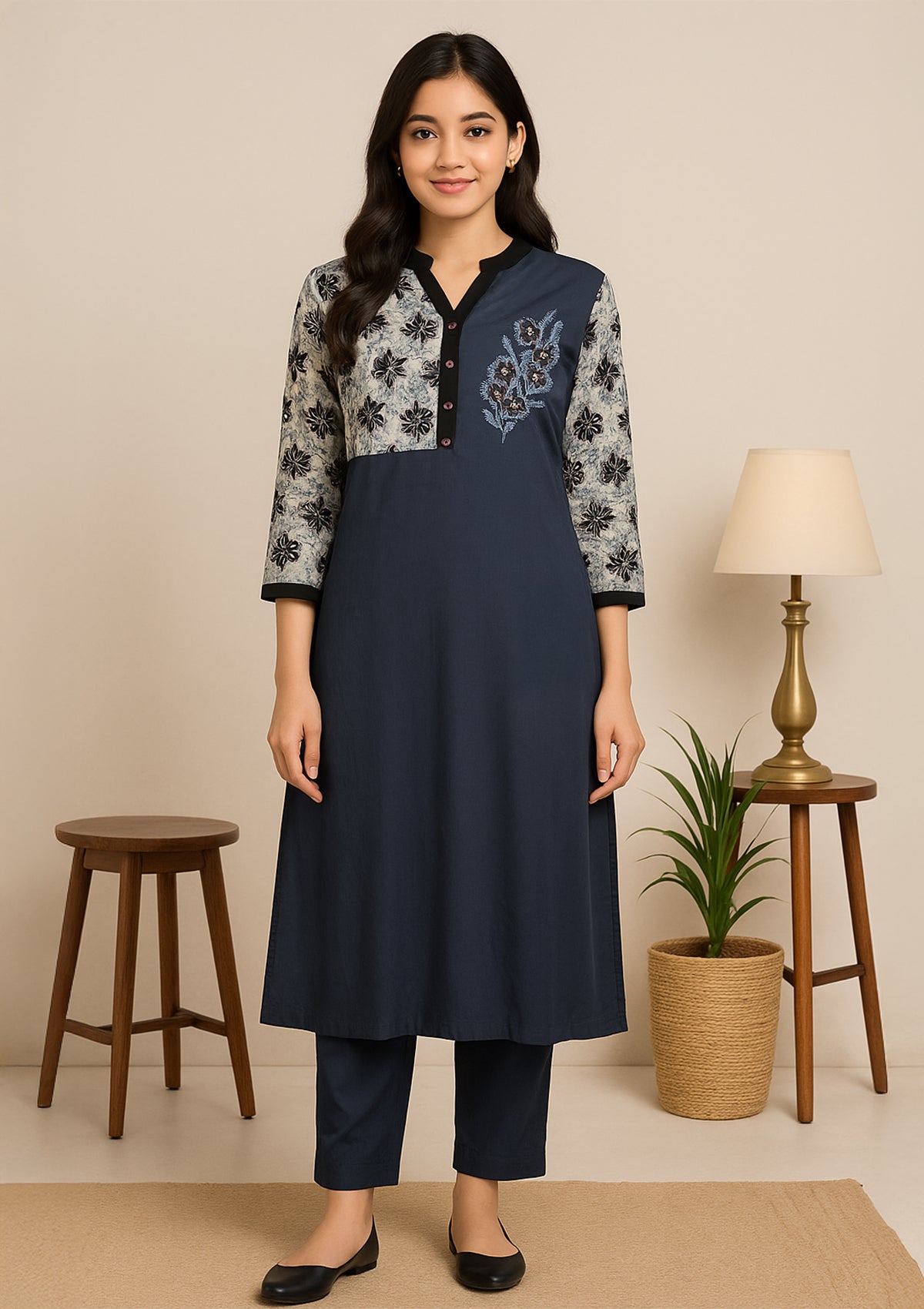 Grey Cotton Kurti with Floral Embroidery – Elegant Fusion Style
