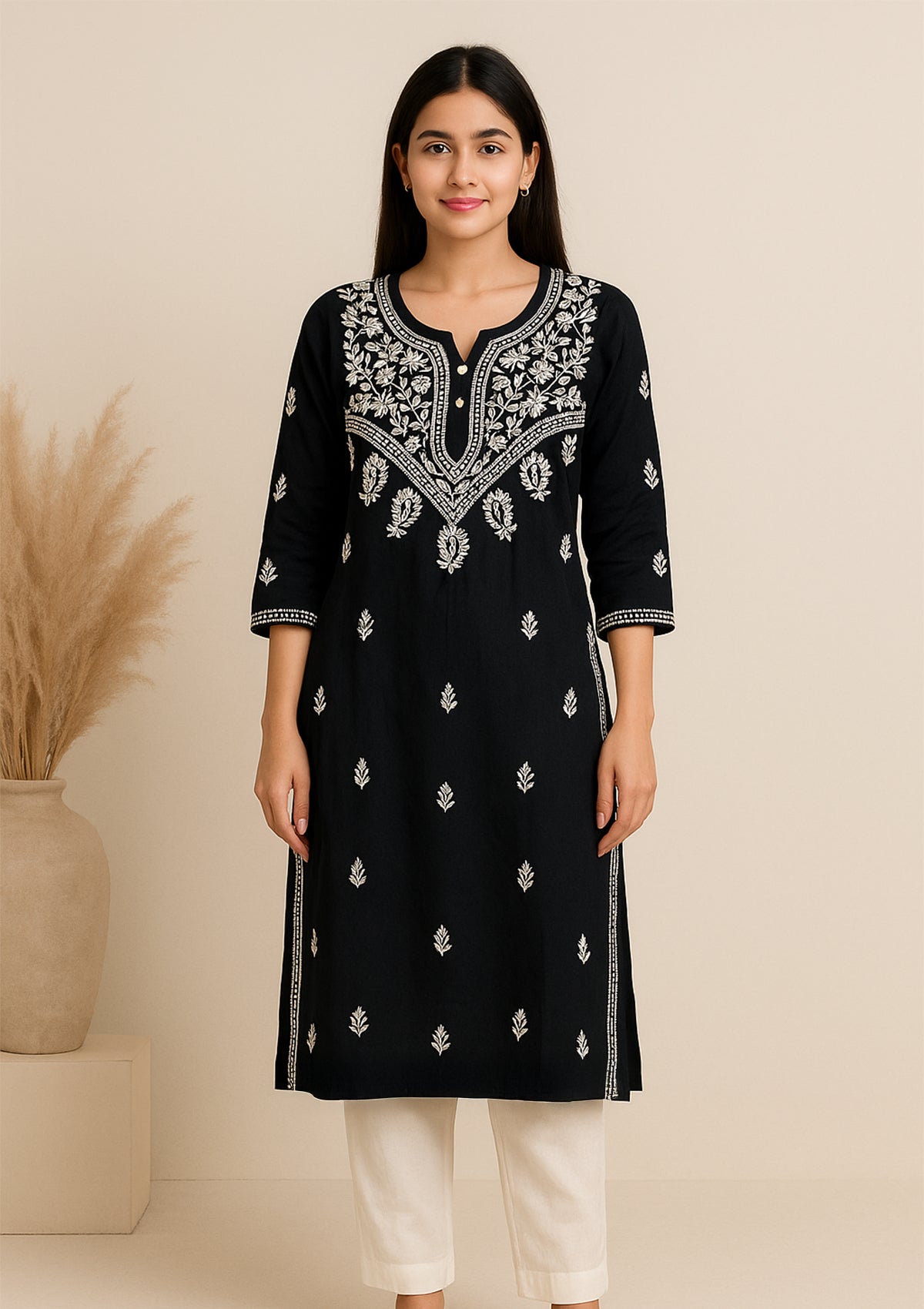 Chikankari Embroidered Black Women’s Kurta – Cotton