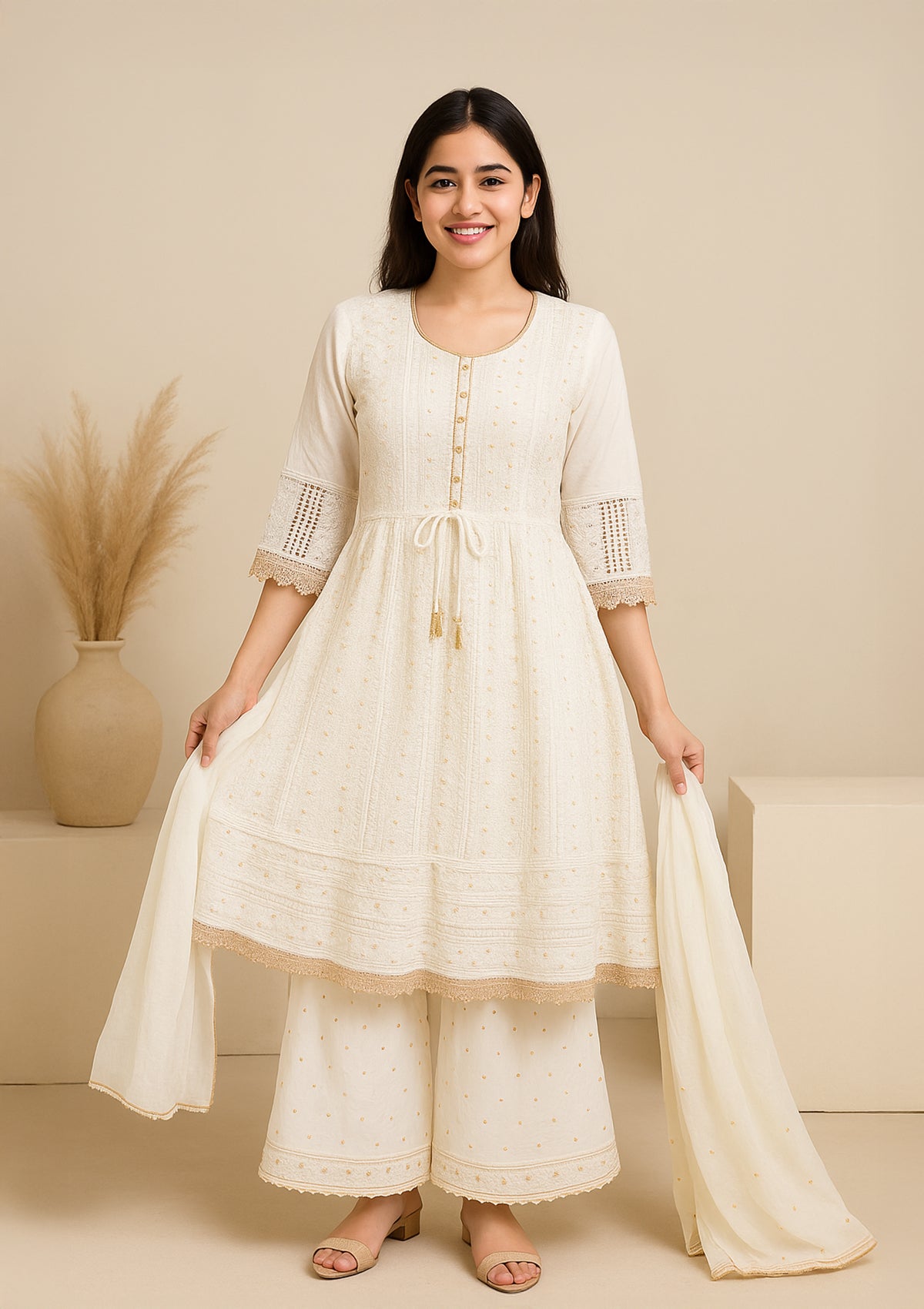 Kurti Set with White Embroidery, Golden Work - Palazzo Pants & Dupatta
