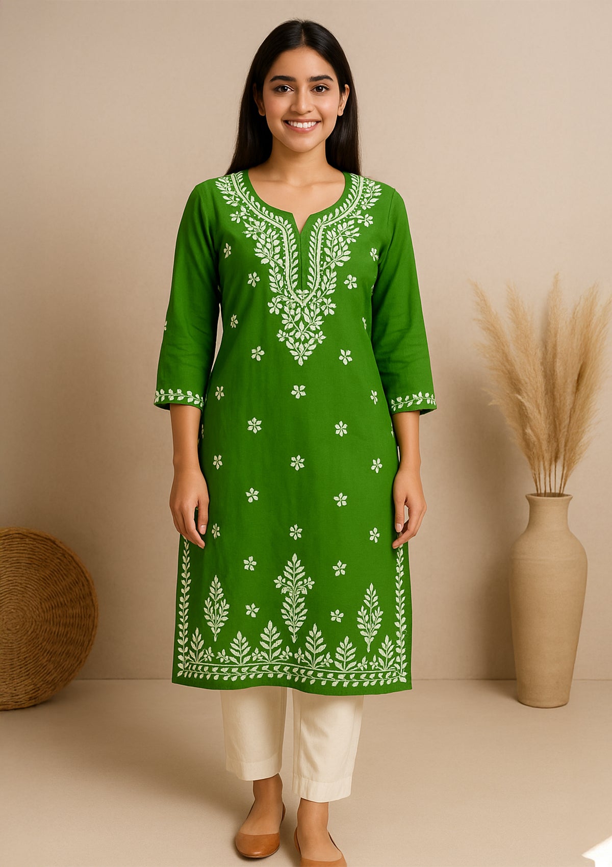 Chikankari Cotton Women’s Kurta – Green