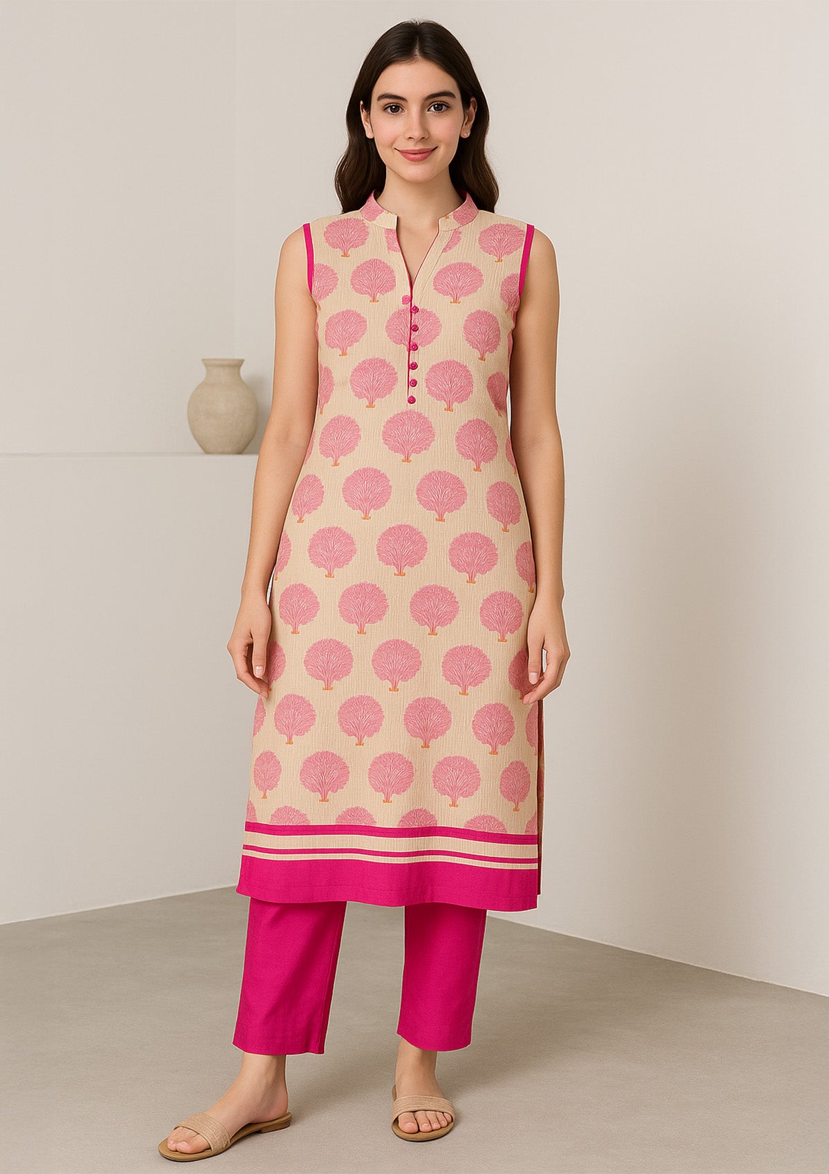 Elegant Beige and Pink Georgette Kurti Set with Artistic Tree Print