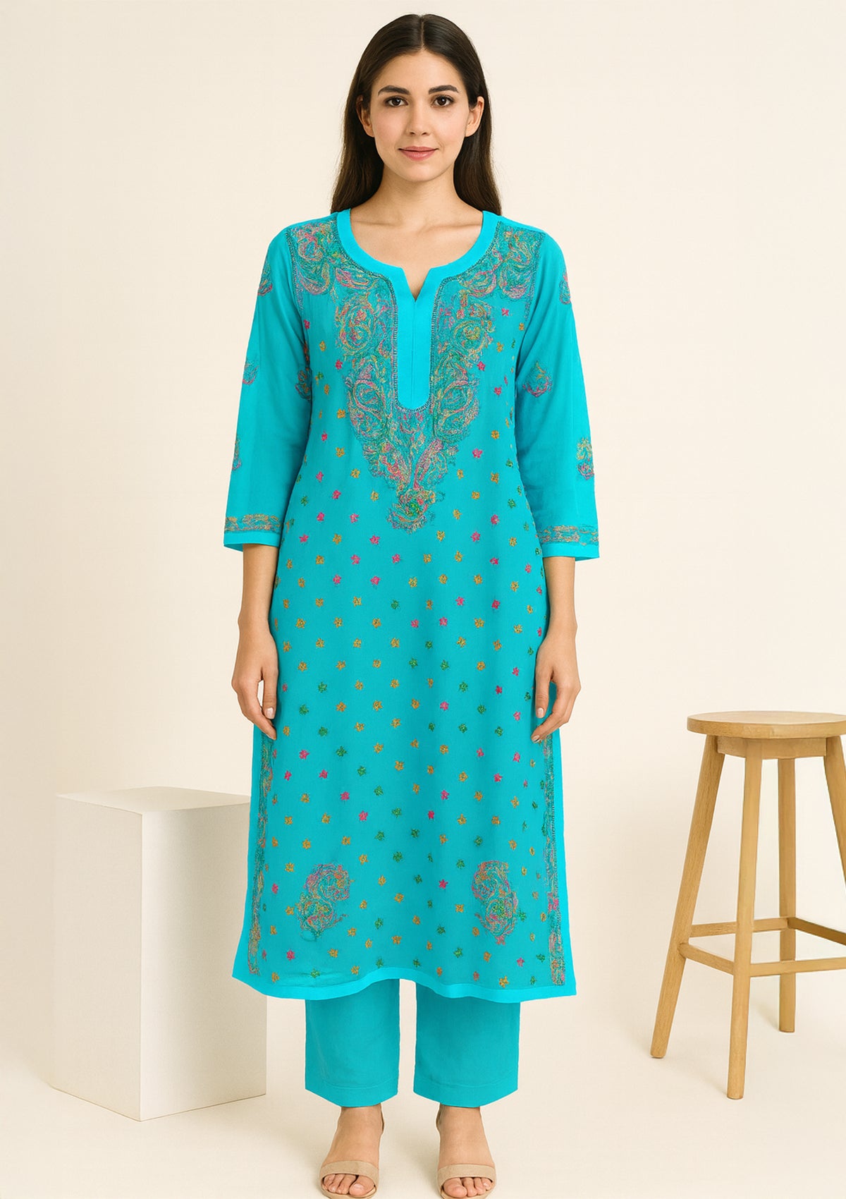 Aqua Blue Georgette Kurti with Multicolor Chikankari Embroidery