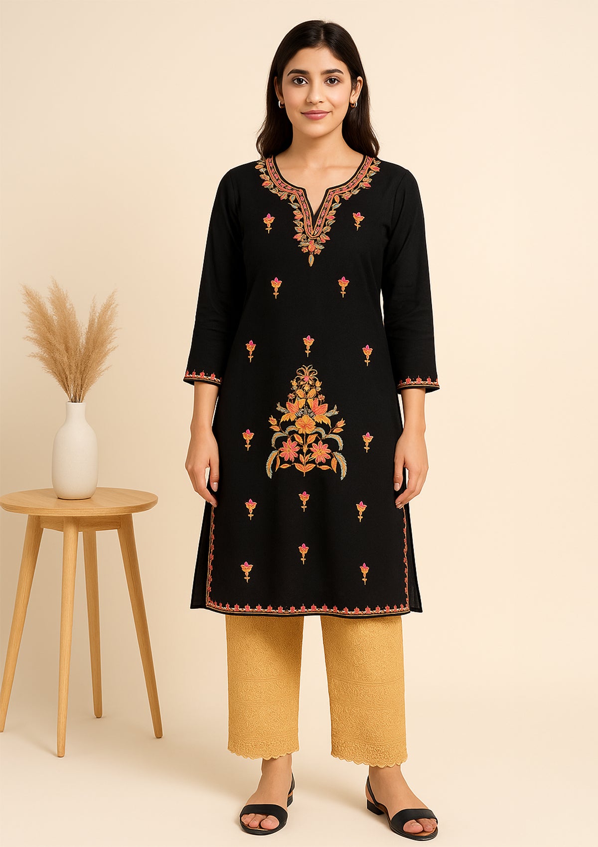 Black Cotton Embroidered Kurti Set with Pants – Elegant Wear