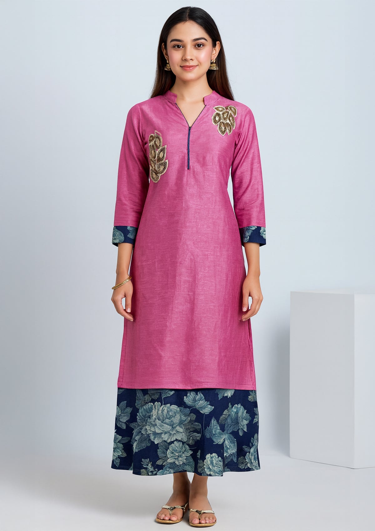 Pink Silk Double Layered - Stylish Gown with Floral Contrast Hem