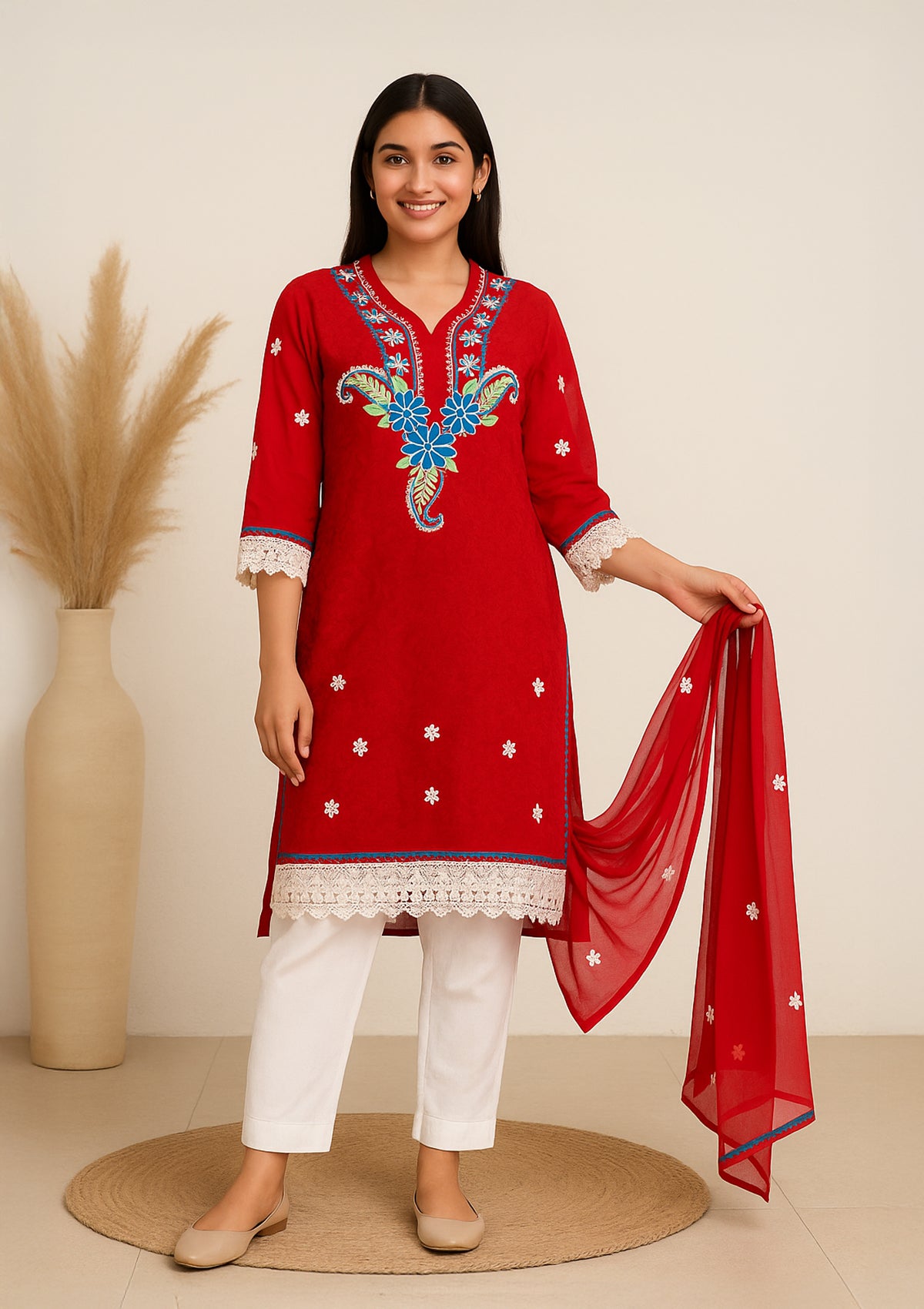 ClothingSutra Red Georgette Embroidered Kurti with Blue Floral & Dupatta 38