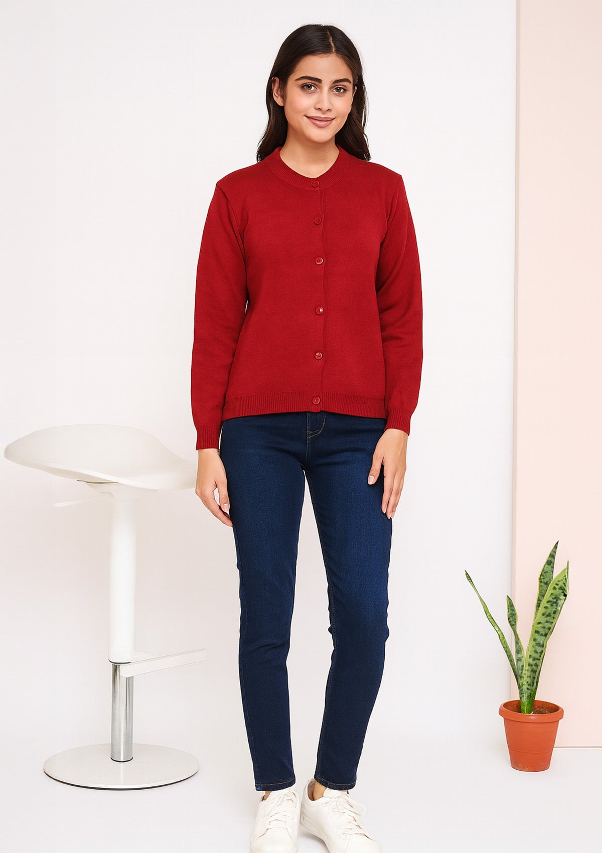 Aaramax Maroon Woolen Cardigan for Women – Front Buttoned