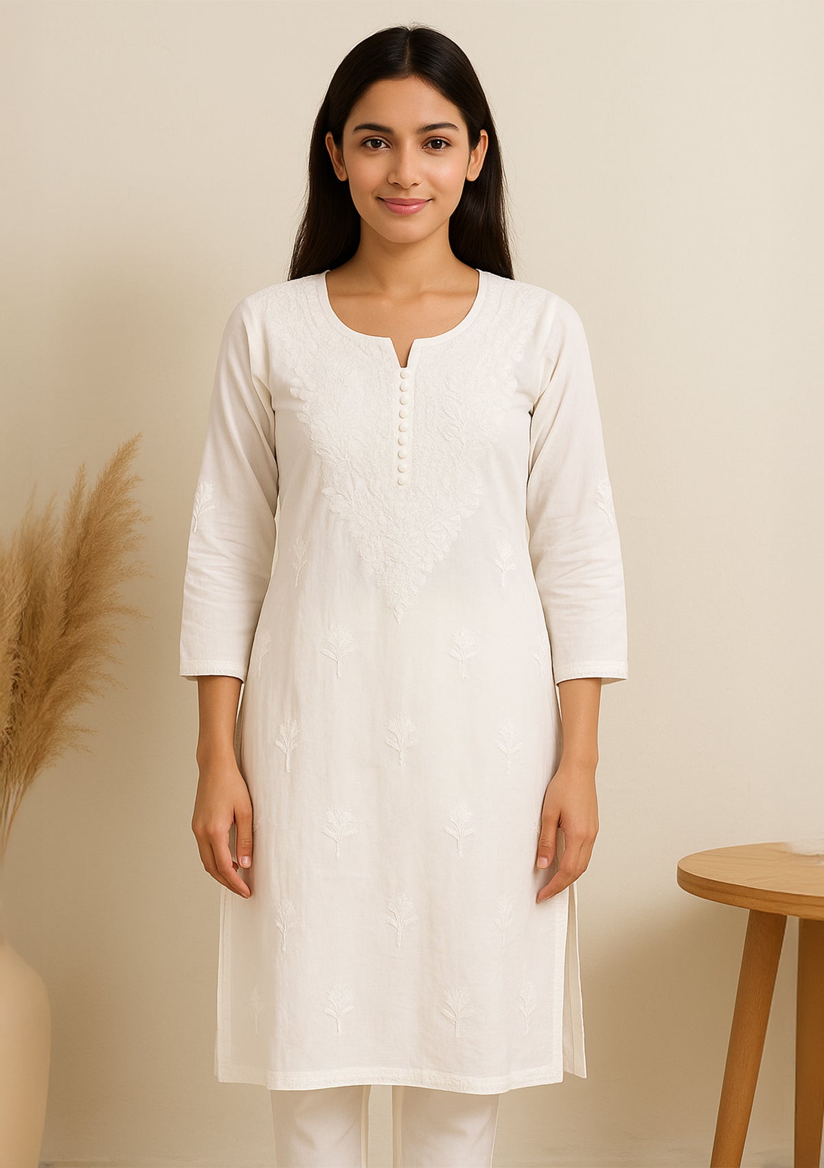Chikankari Solid Women’s Long Kurta – Classic White Cotton