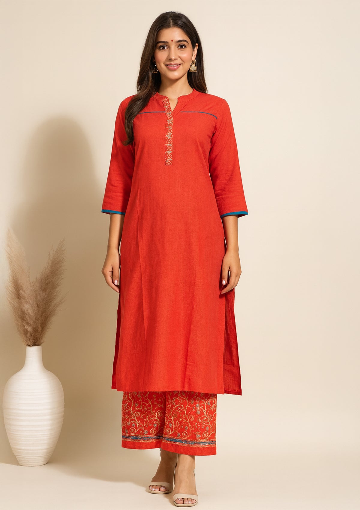 Reyon Straight Kurta Set with Embroidered Neck Detailing & Palazzo