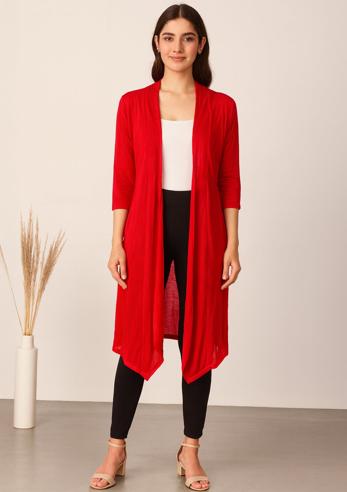 ClothingSutra Stylish Red Long Shrug for Women – Sheer Open-Front Shrug Red