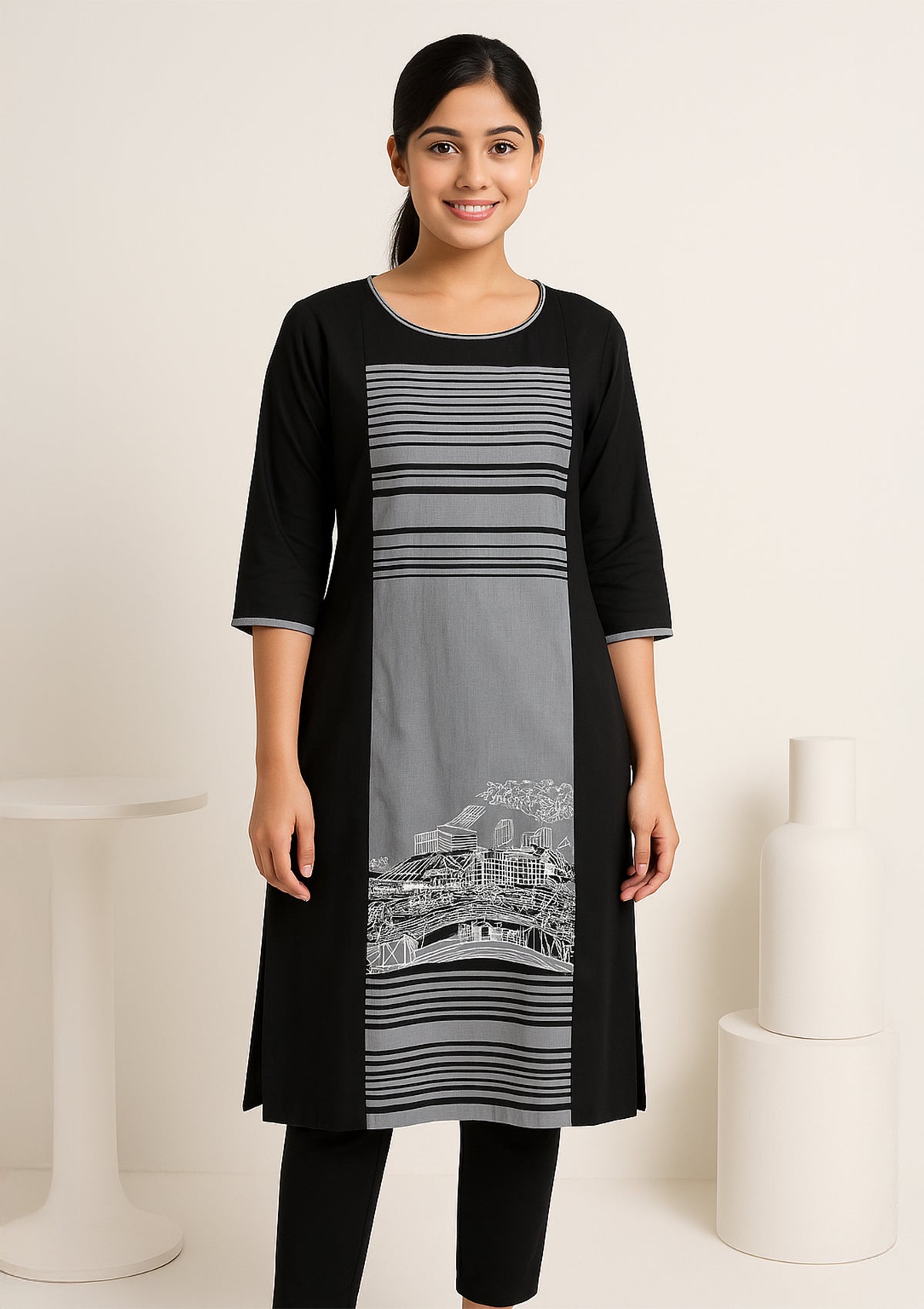 Black & Grey Rayon Kurti with Urban Print