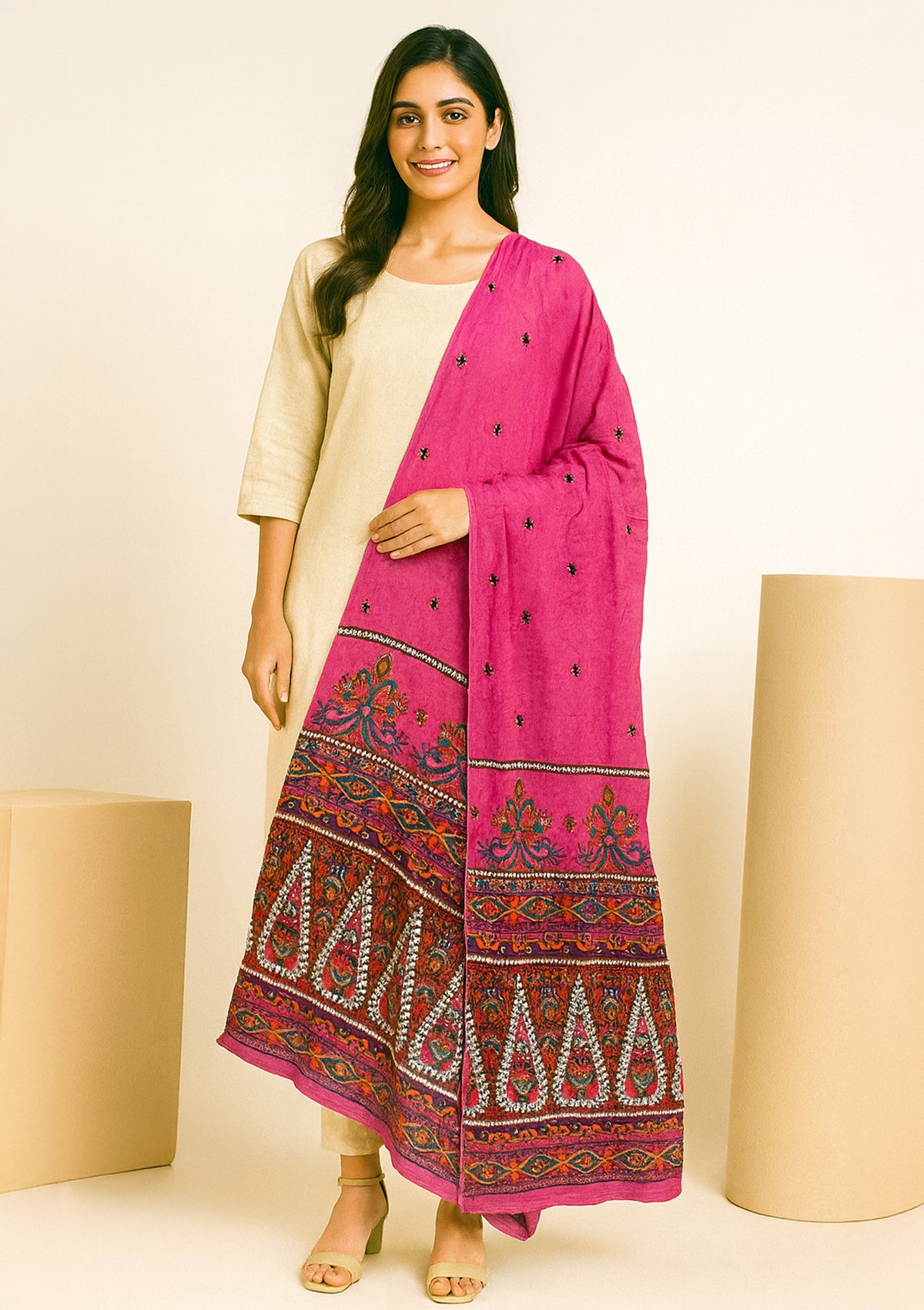 Bright Pink Cotton Dupatta with Intricate Multicolor Embroidery