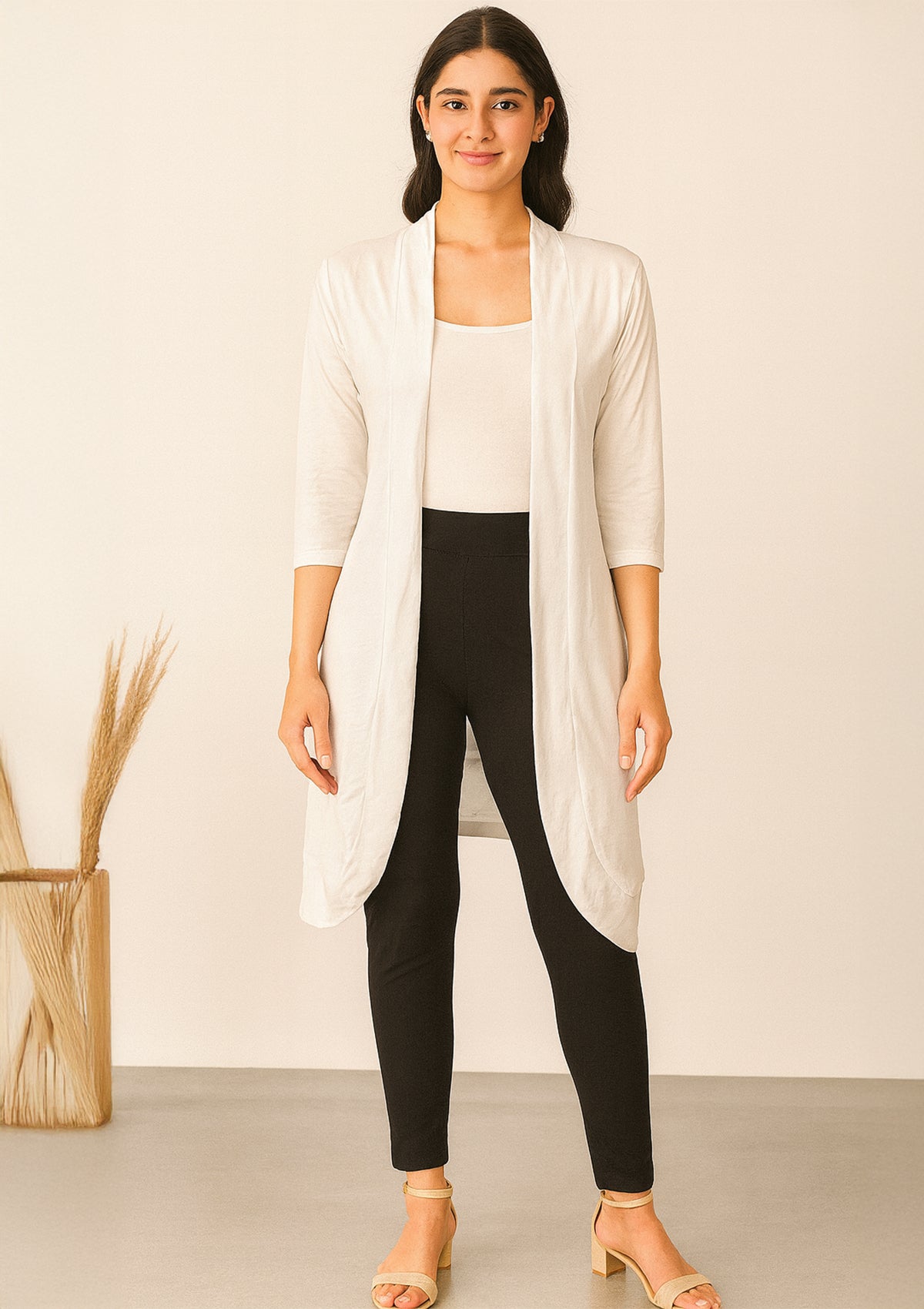 Women’s White Longline Shrug with Open-Front Design – Lightweight