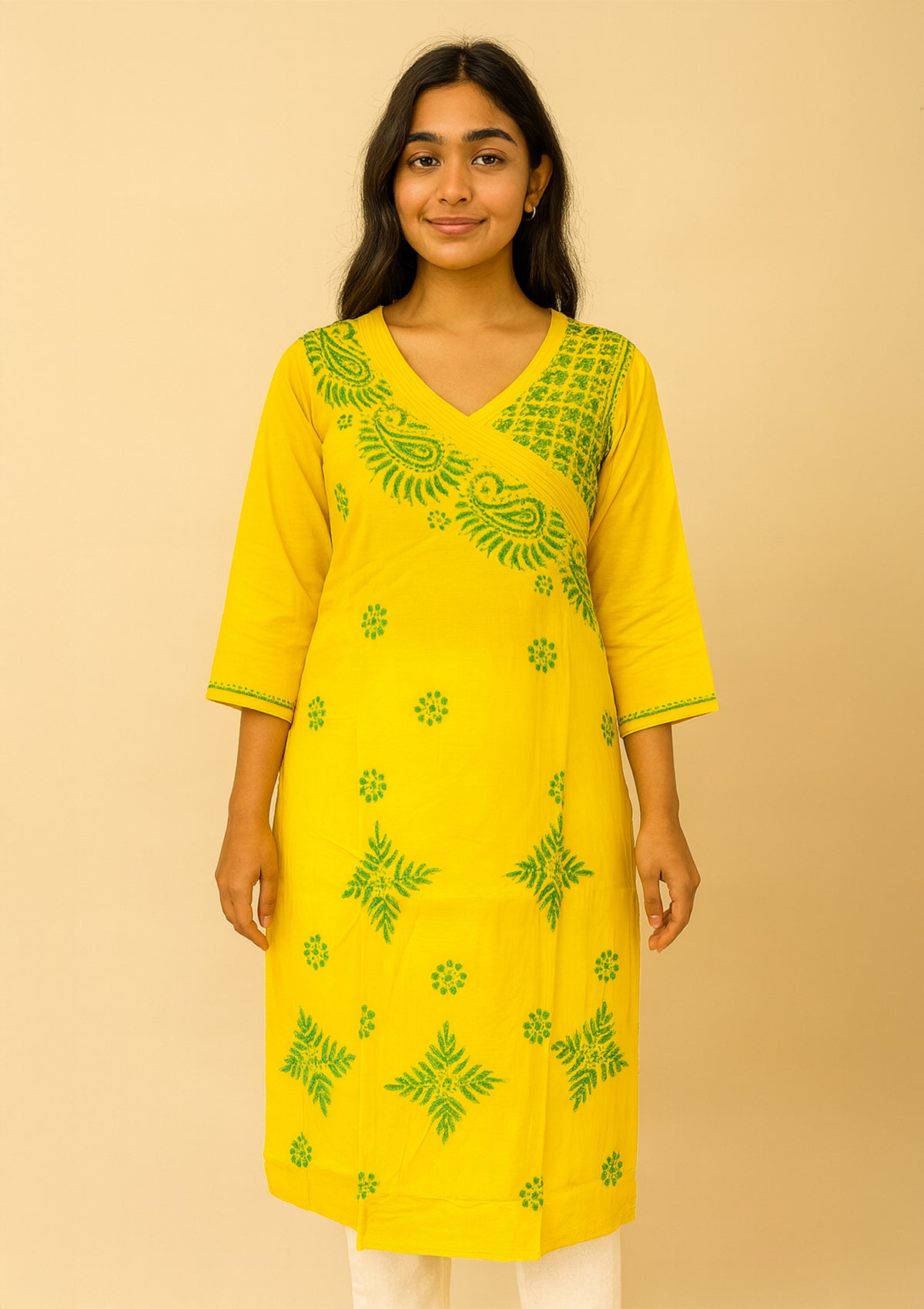 Bright Yellow Cotton Embroidered Short Kurta with Green