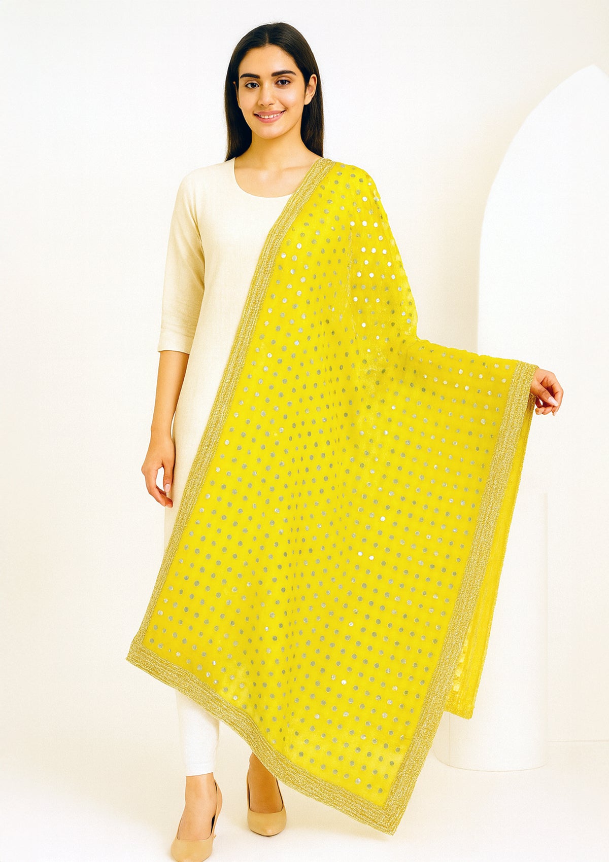 Designer Yellow Net Fabric Dupatta with Heavy Golden Sequin Work