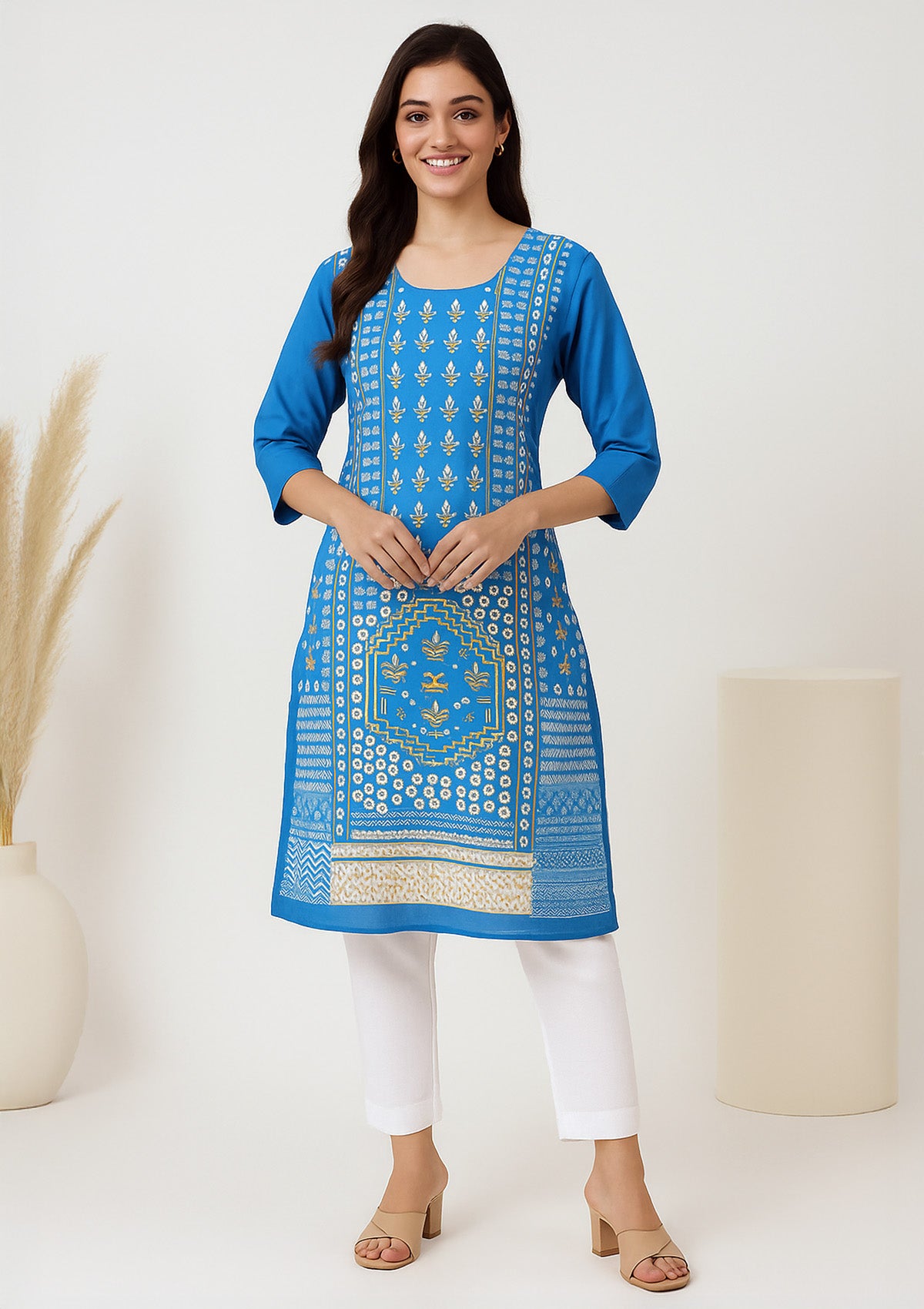 Blue Printed Cotton Kurti with Contrasting White Palazzo