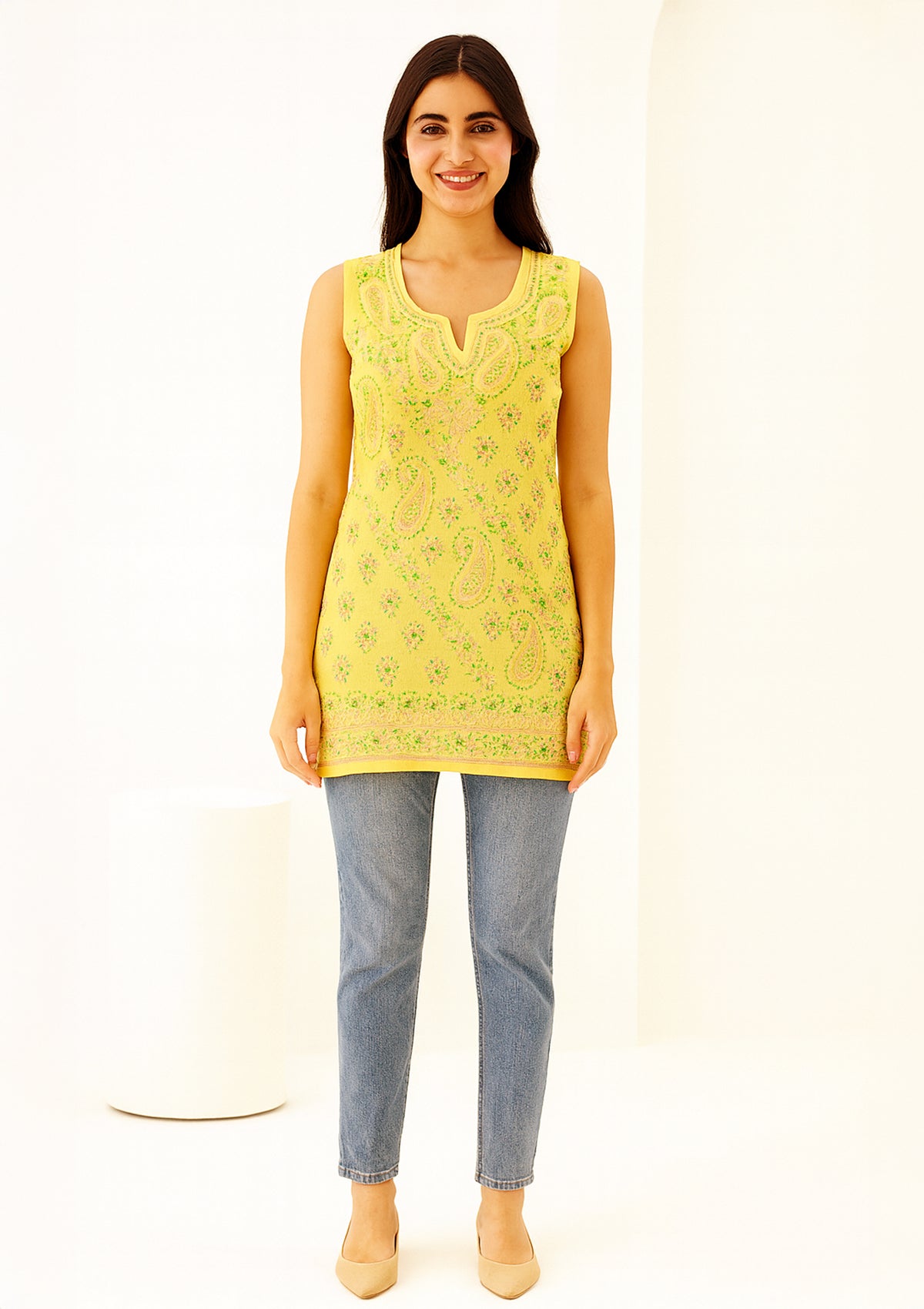 Sleeveless Cotton Embroidered Kurti – Yellow with Multicolor
