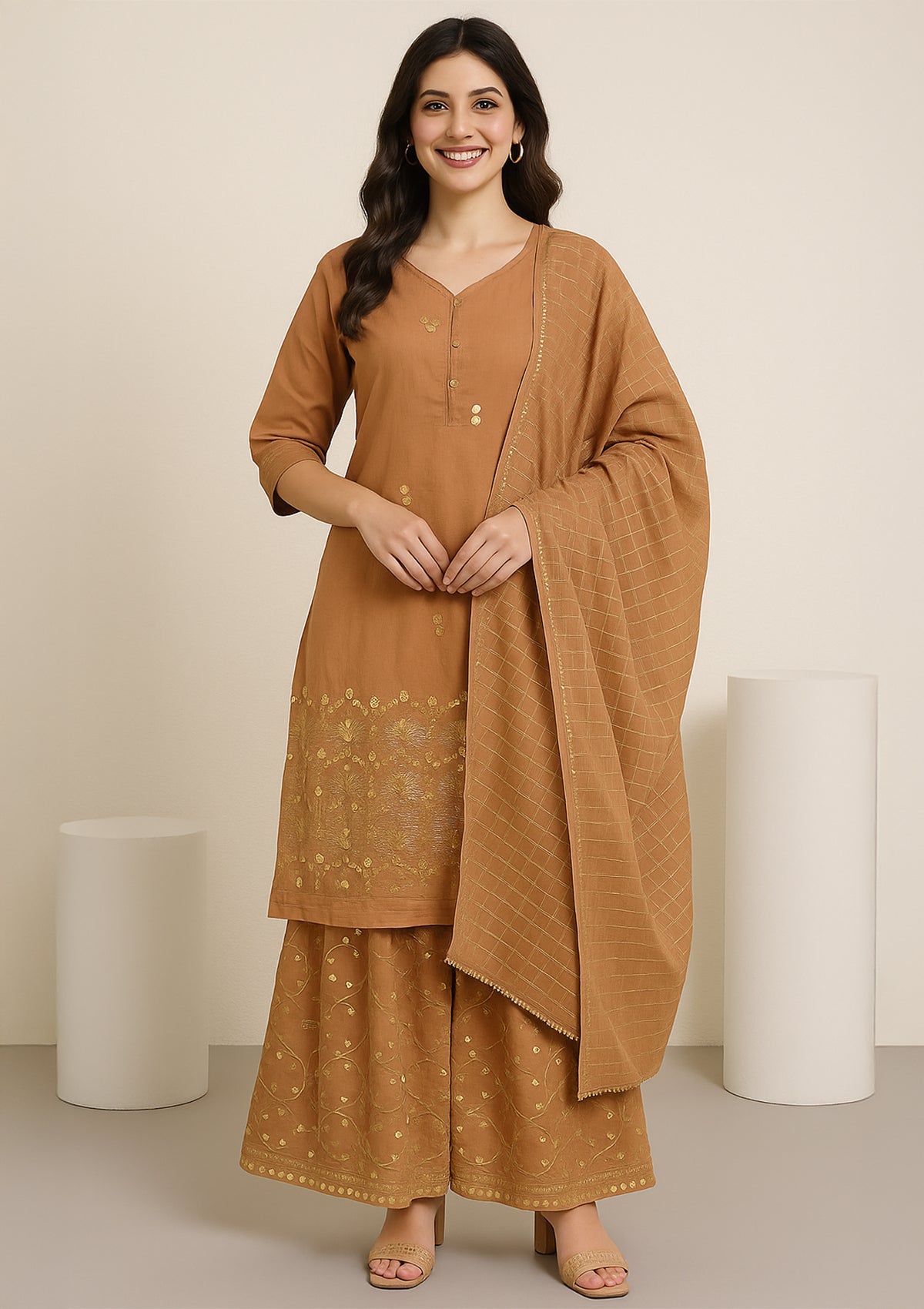 Caramel Brown Silk Sharara Suit with Golden Sequin Embroidery
