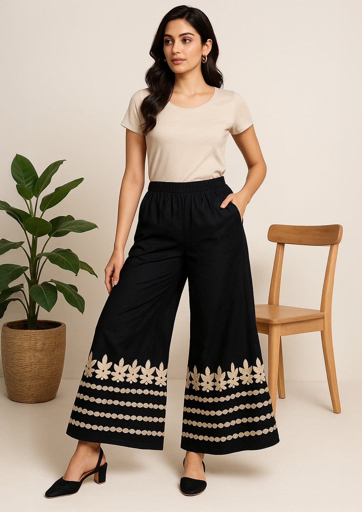 Black Rayon Palazzo with Gota Patti Work – Designer Pants
