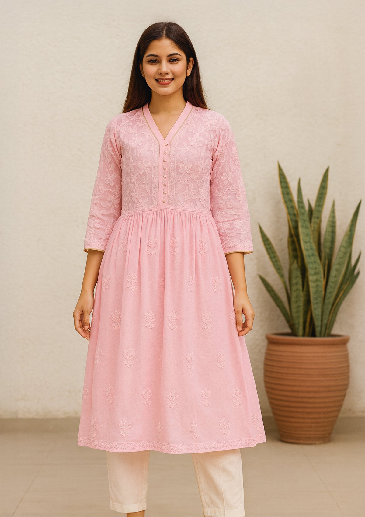 Chikankari Georgette Women’s Kurti – Baby Pink Elegance