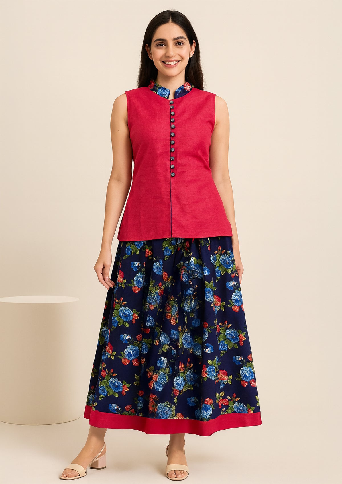 Stylish Chanderi Kurti with Skirt Set -  Red Sleeveless Kurti