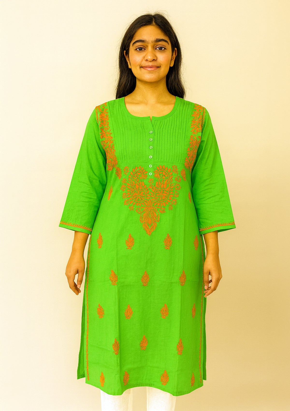 ClothingSutra Chikankari Embroidered Green Cotton Kurti with Buttoned Yoke 40