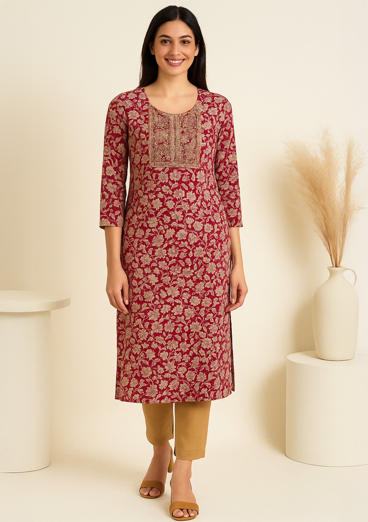 Maroon Floral Printed Cotton Kurti with Hand Embroidery
