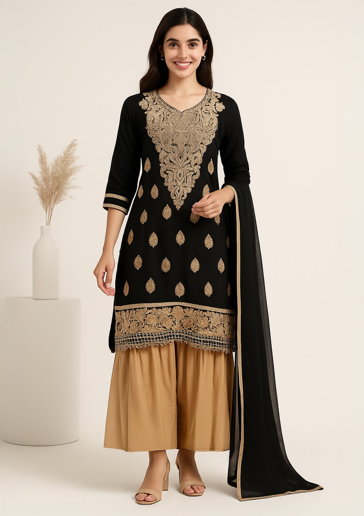 Elegant Black Silk Embroidered Kurta with Golden Work & Plaazo