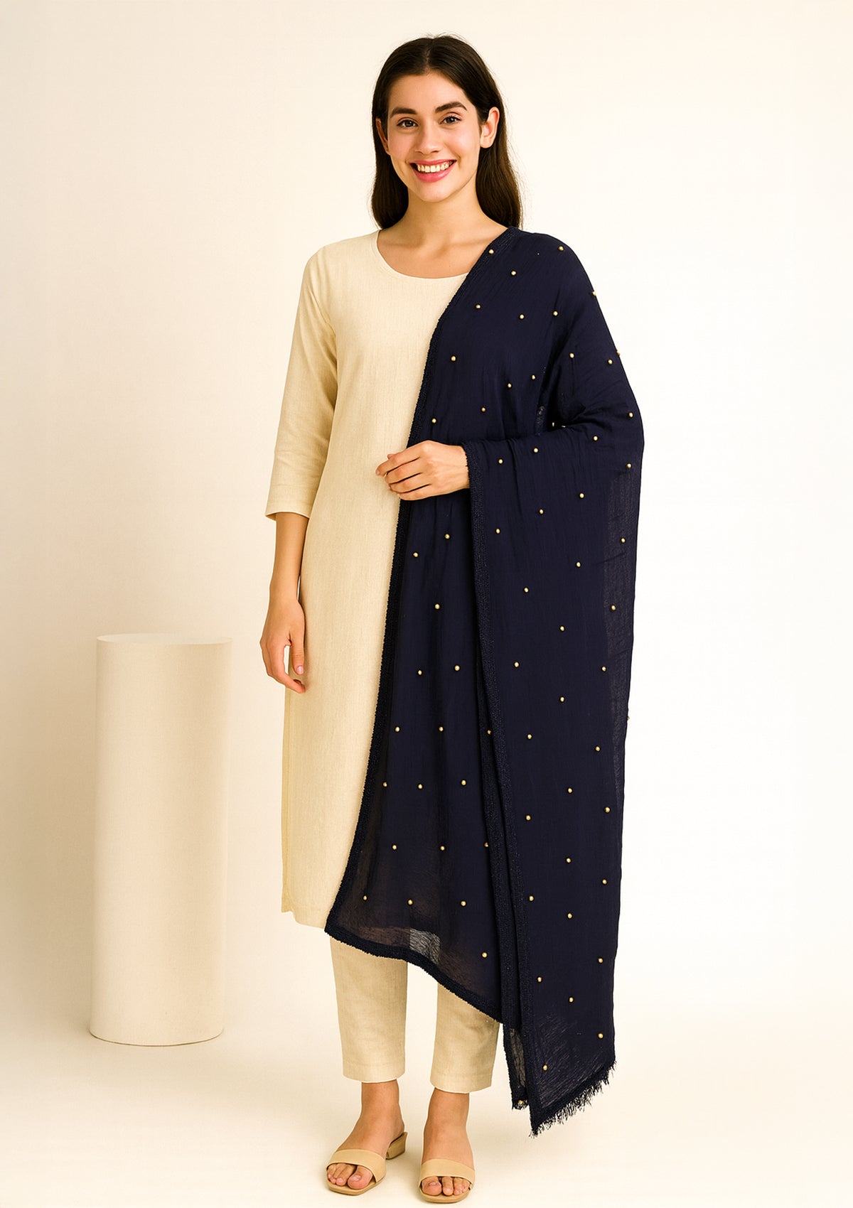 Navy Blue Chiffon Pearl Work Dupatta – Designer Dupatta